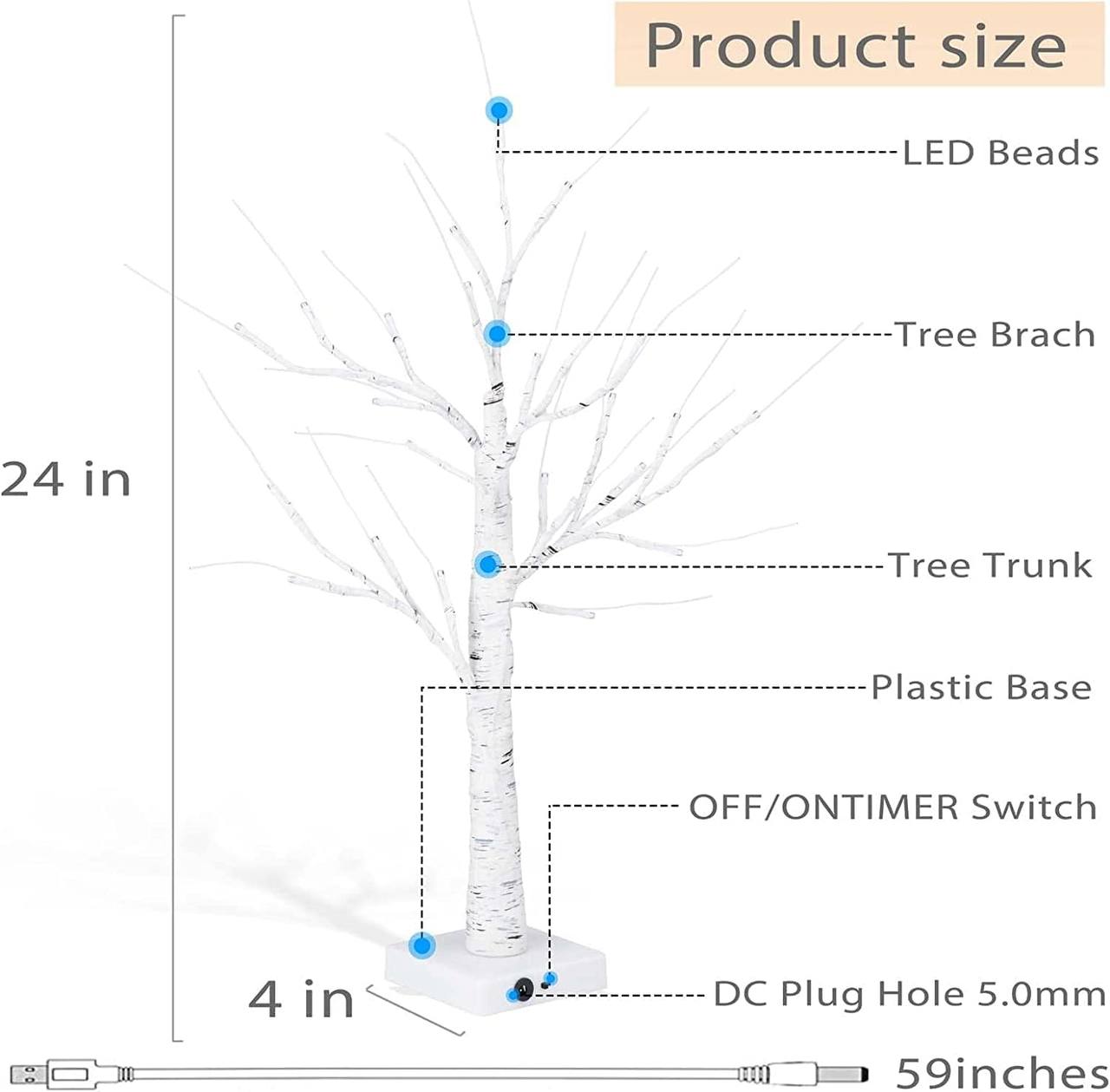 Birch Tree with 24 LED Lights Mini Christmas Tree Wedding Centerpiece Table Decorations Indoor Home Fireplace Decor