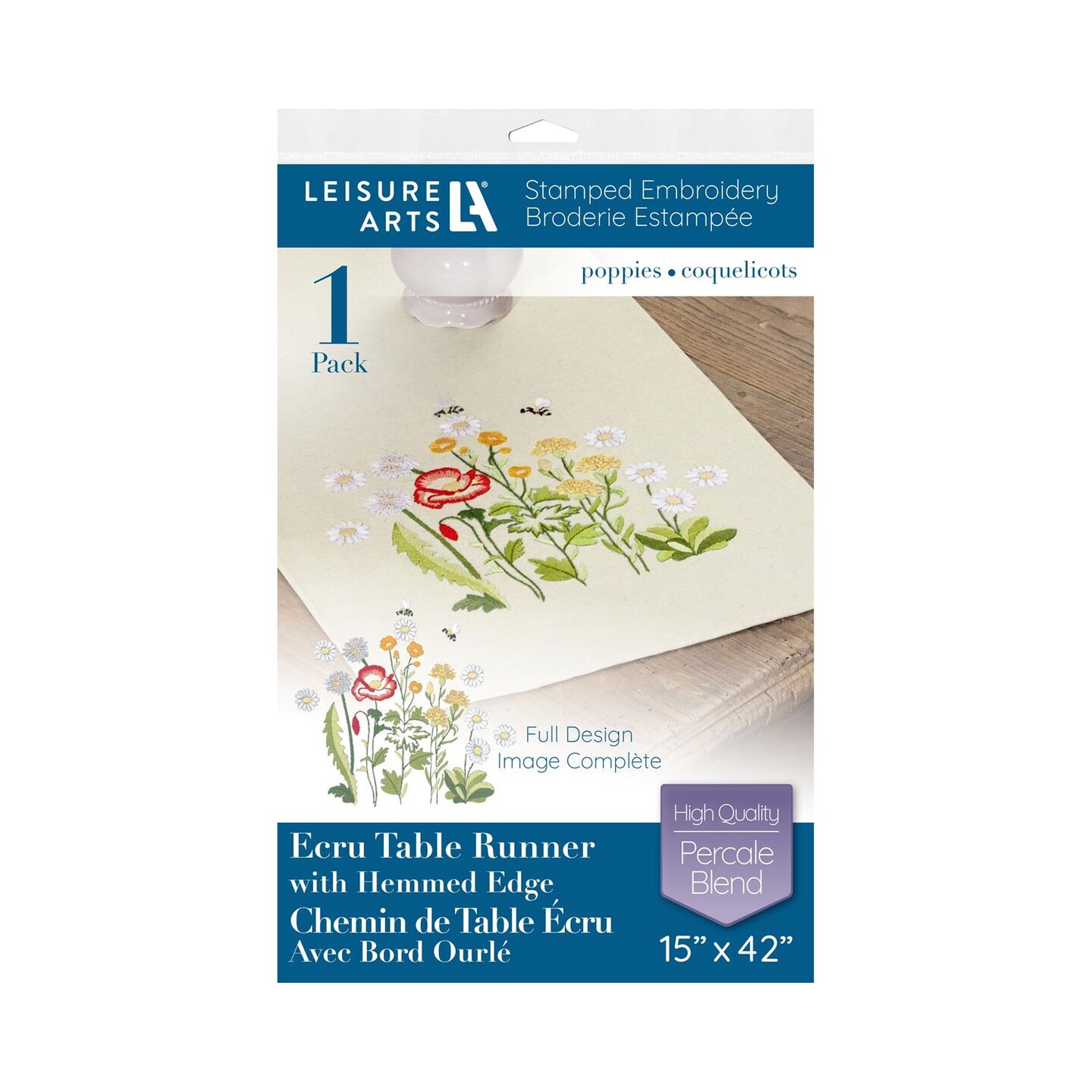 Leisure Arts Table Runner 15"x42" Ecru Poppies, kitchen table runner, embroidery kit, kitchen runner, cross stitch kits for beginners, embroidery patterns, embroidery fabric