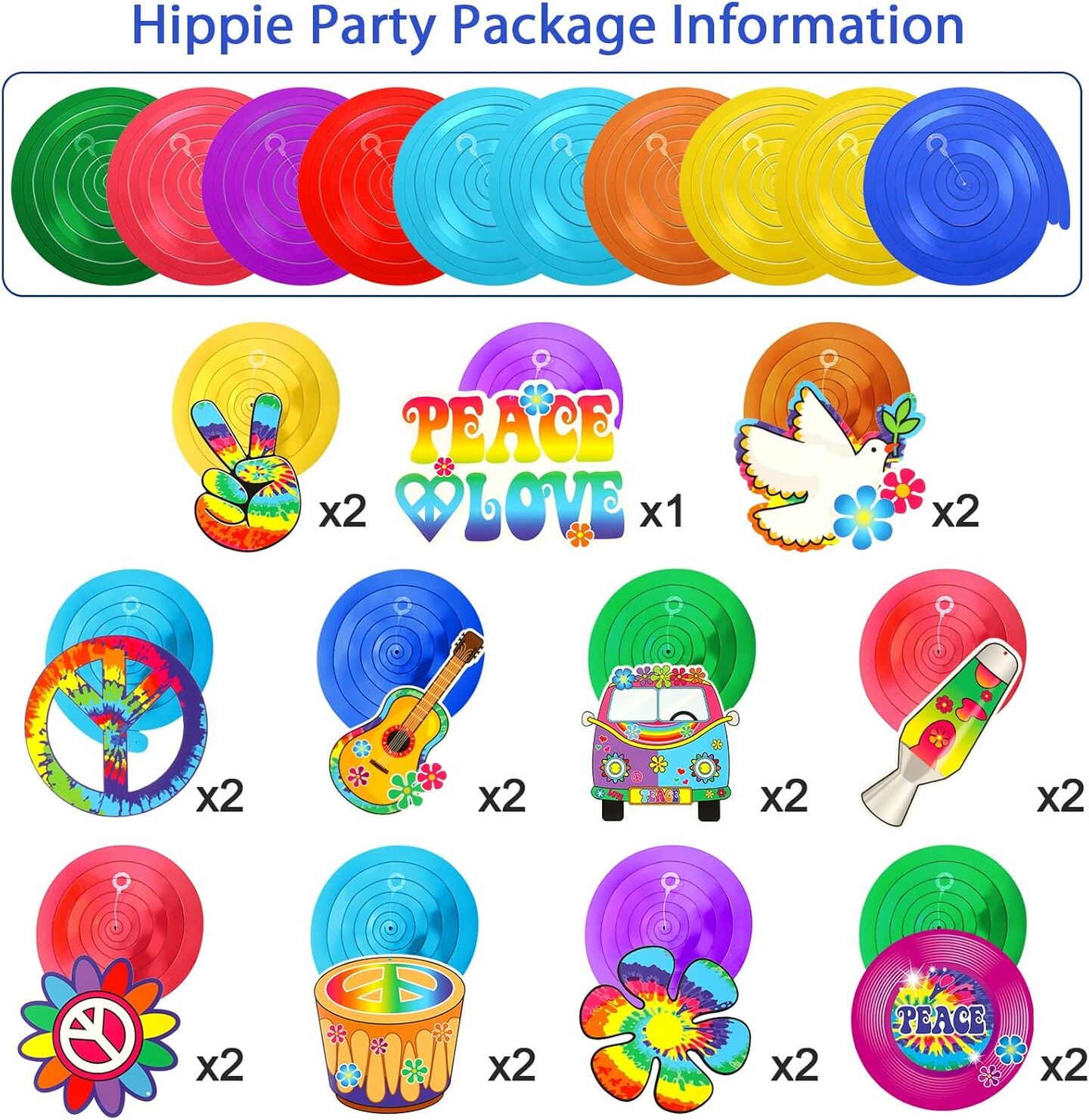 60&#x27;s Hippie Theme Party Foil Swirl Decorations