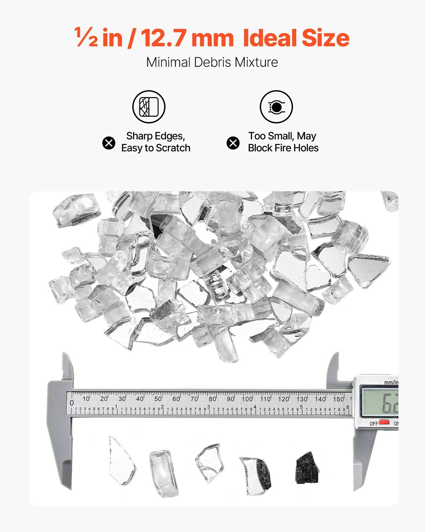 10 LBS Fire Glass 1/2-Inch Fireplace Glass Rocks for Fire Pit Table Clear