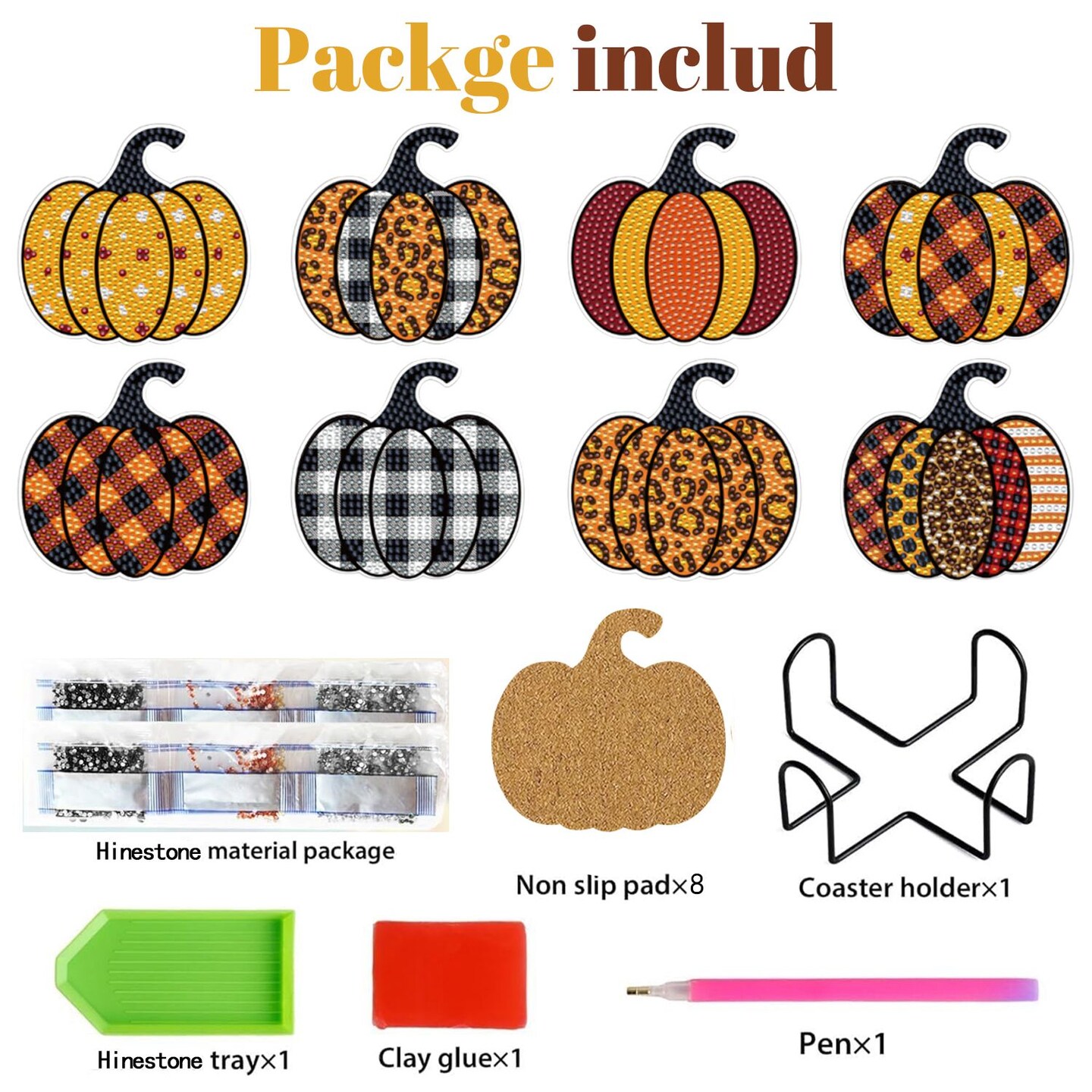 8 Pcs Fall Pumpkin Rhinestones Art Painting Coasters with Holder 8 Style Cute Pumpkin Non Slip Acrylic Round Cup Coaster Art Supplies for Beginners Adults Autumn DIY Rhinestones Painting Kit