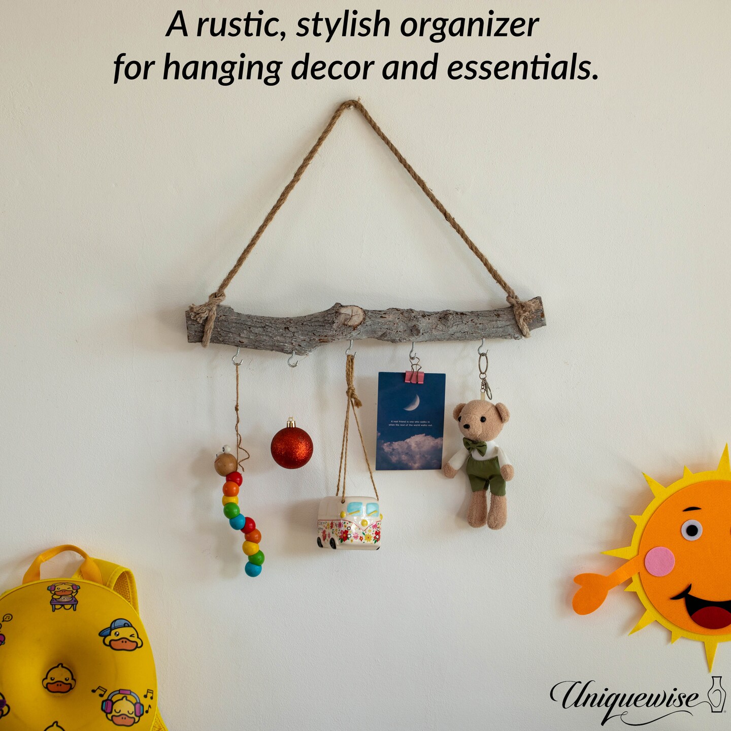 Uniquewise 19-inch Natural Decorative Jujube Wooden Log Hanging Farmhouse Wall Decor with 5 Hooks for Keys Hats and Wall Accessories - Perfect for Entryway Living Room Kitchen Hallways and Dining Area