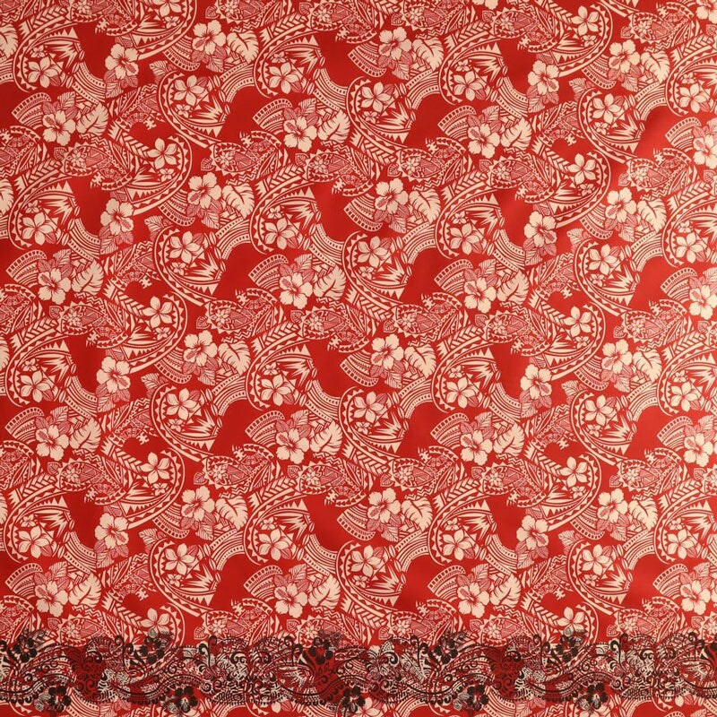 1 Yard Polyensian Hibiscus & Plumeria Flowers Traditional Tattoo Single Border Fabric 45 inch Width
