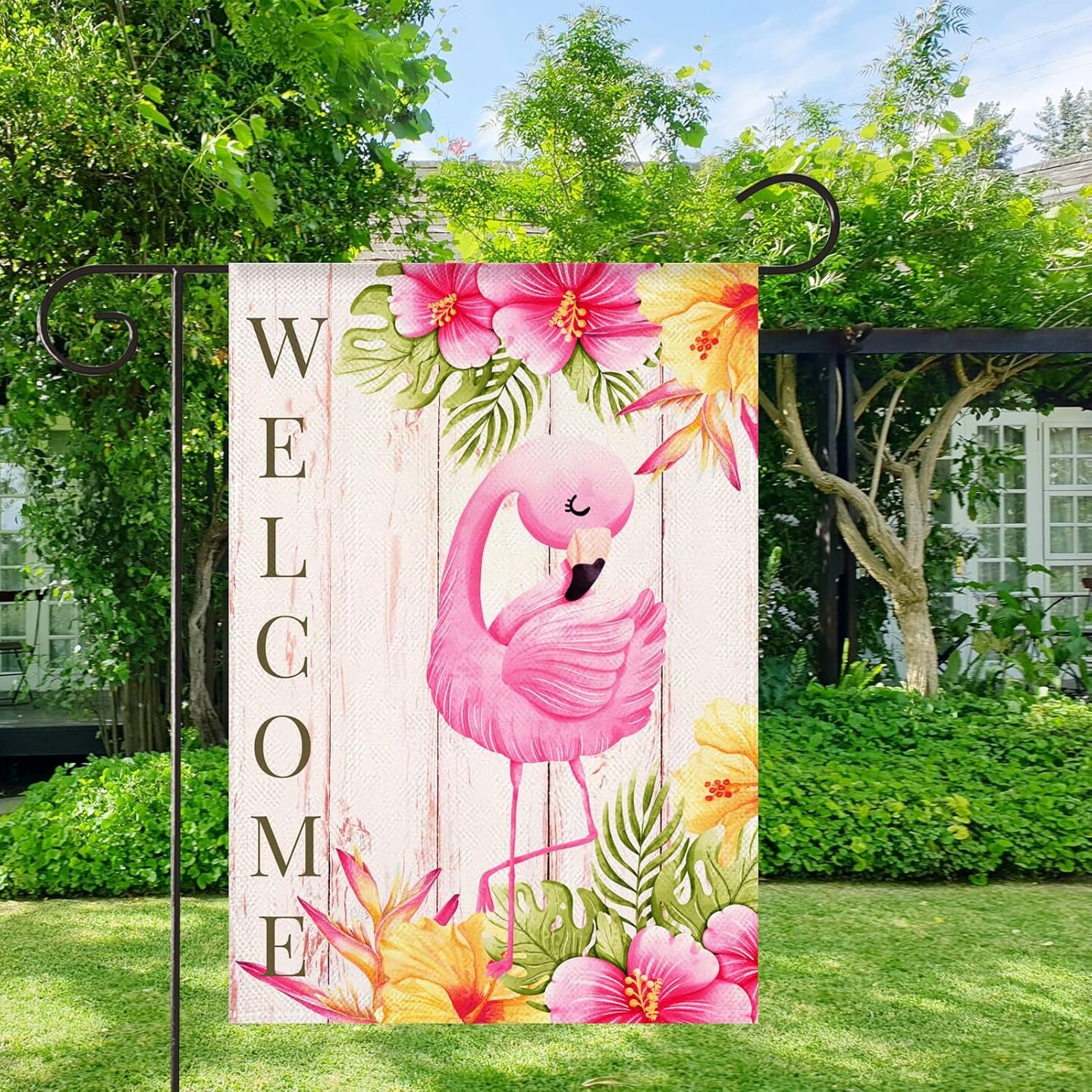 Flamingo Welcome Summer Garden Flag Tropical Pink Bird Yard Flag 12x18 Inch Vertical Double Sided Rustic Seasonal Outside Decorations