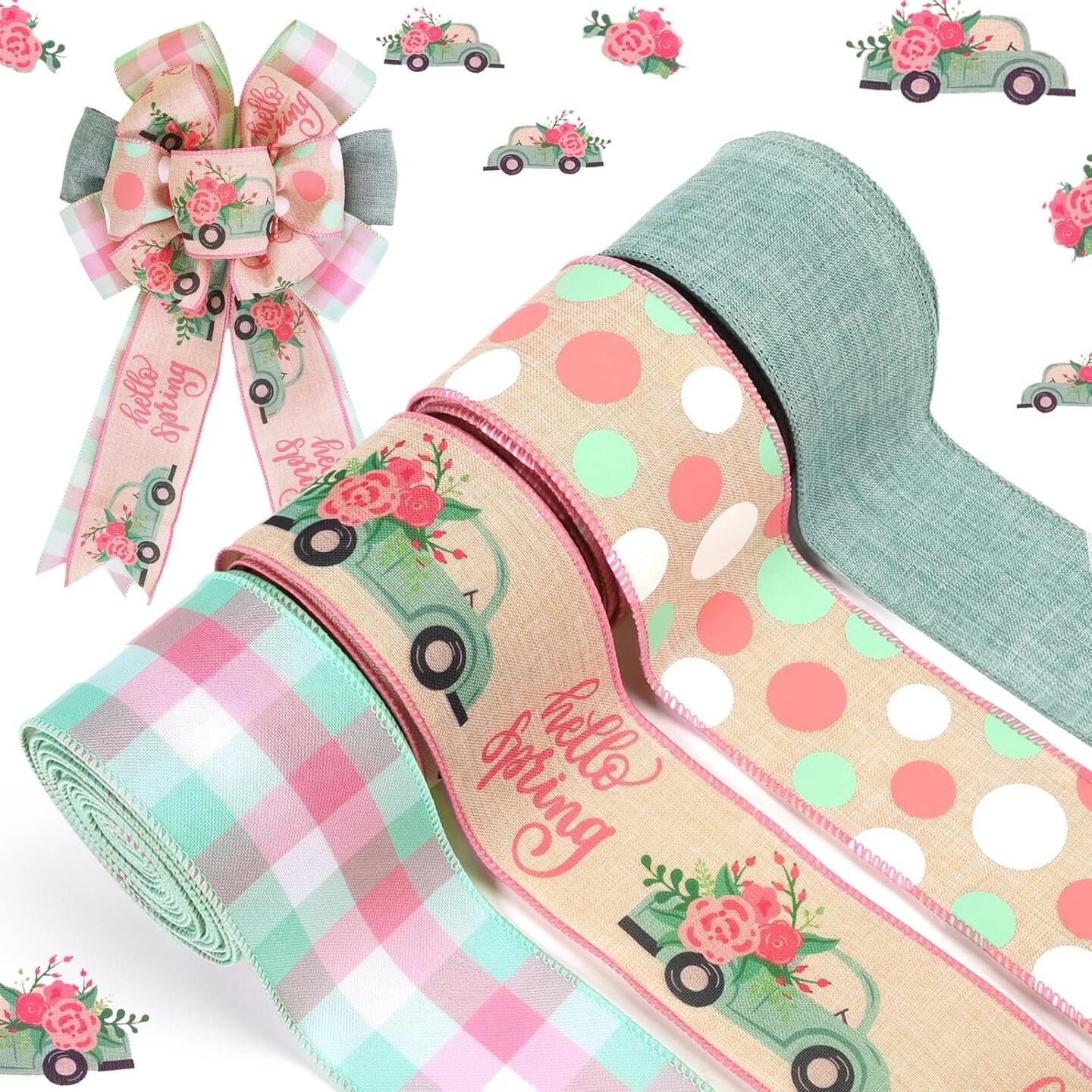 Spring Ribbon Wired 4 Rolls 2.5 Inch x 24 Yards TTL, Blue Car and Floral Ribbon with Plaid and Polka Dot Printed