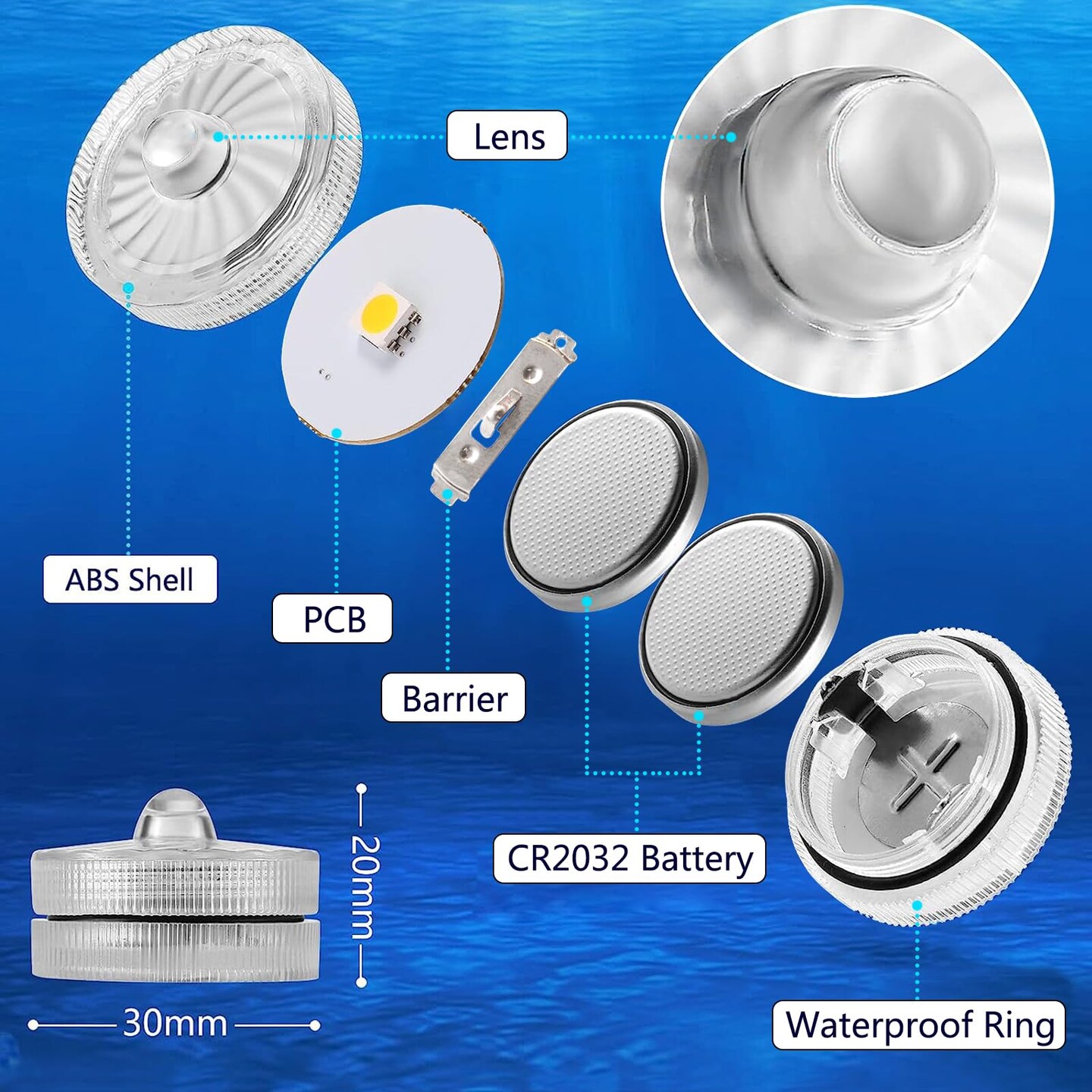 Submersible LED Light,White Small LED Light,100 Hours Waterproof Flameless Led Lights Battery Powered for Wedding Home Vase Festival Party Decoration 12pcs (Built-in 24 Batteries)