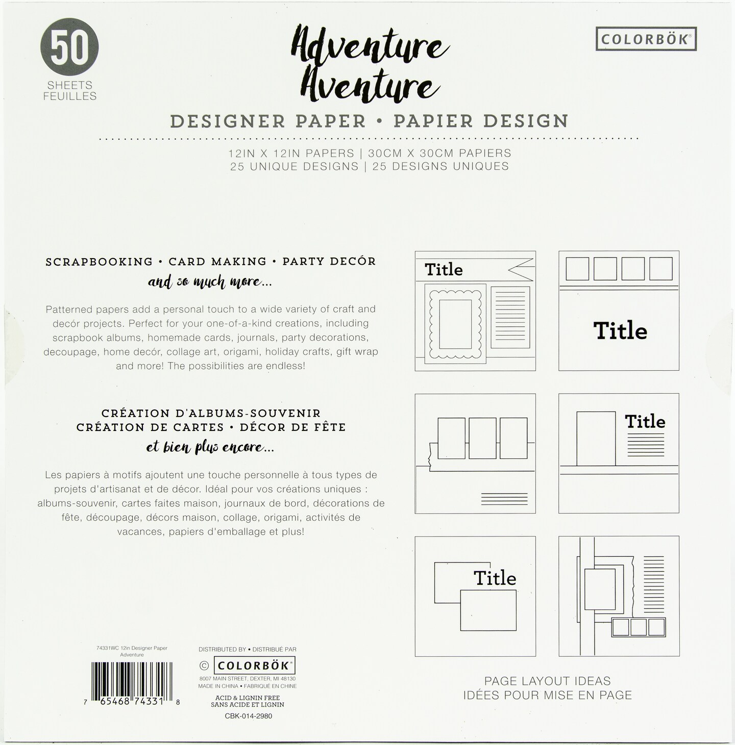 Colorbok 68lb Designer Single-Sided Paper 12"X12" 50/Pkg-Adventure, 25 Designs/2 Each