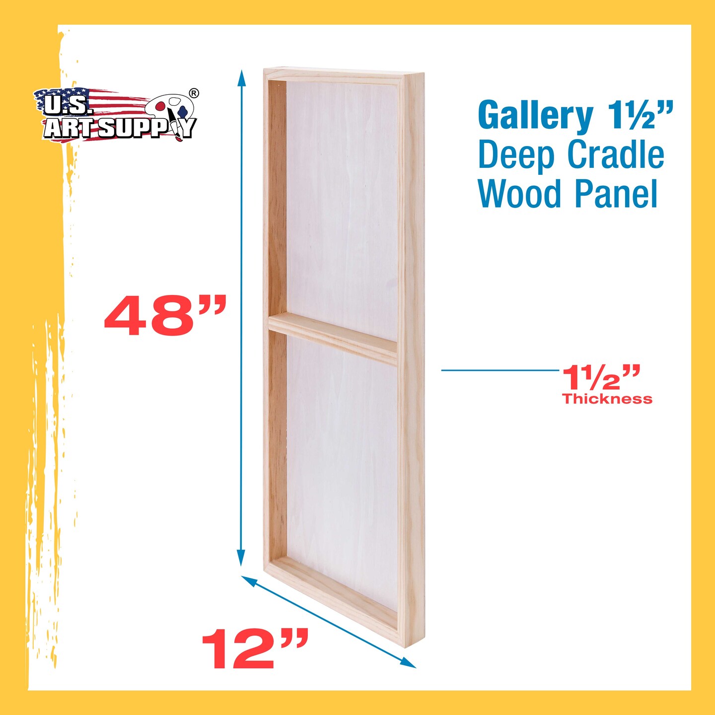 Unfinished Cradled Wood Panels for Painting, 2 Pack of 12x48 inch - Gallery Birch Wooden Canvas Boards 1-1/2&#x22; Deep - Mixed-Media Craft, Acrylic, Oil, Encaustic, Paint Pouring