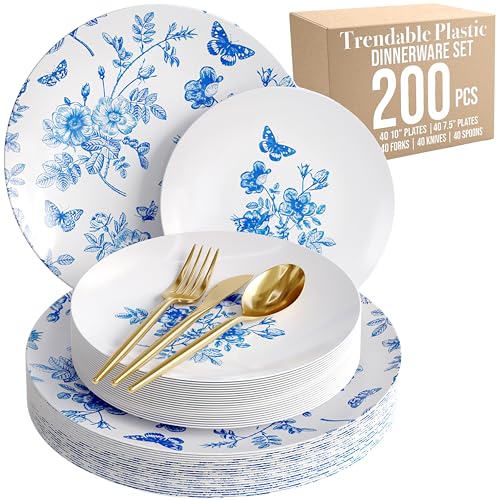 Trendables Fancy Plastic Dinnerware Sets Gold Silverware Disposable 20 X 10 Inch Charger Plates 20 X 8 Inch Dessert Plates 20 x Gold Plastic Forks and Spoons Knives