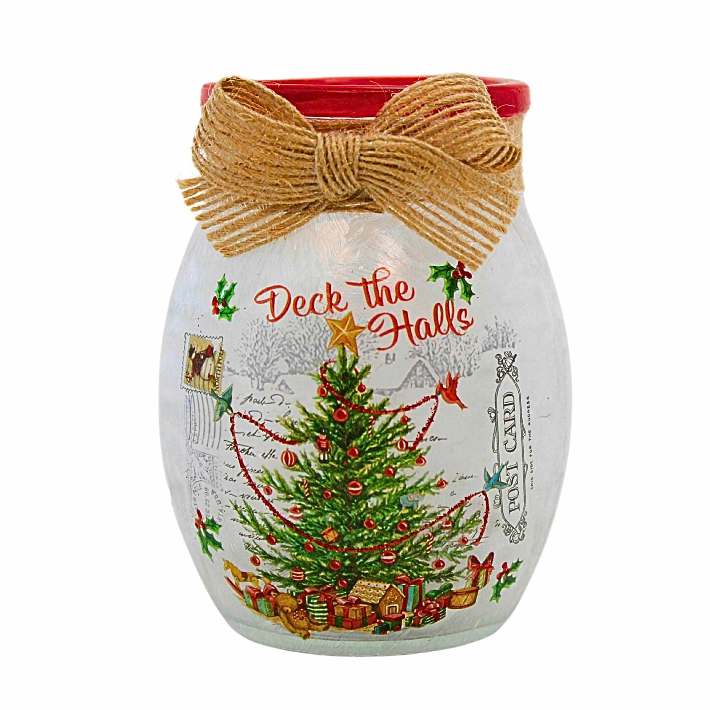 Stony Creek 4.0 Inch Vintage Postcard Small Jar Christmas Lighted Glass Accent , Pre-Lit Electric Christmas