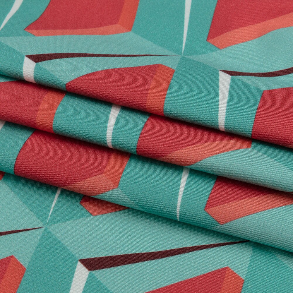 1 Yard Stretch Cotton Sateen Turquoise and Red Diamonds Deco Delight Print Fabric