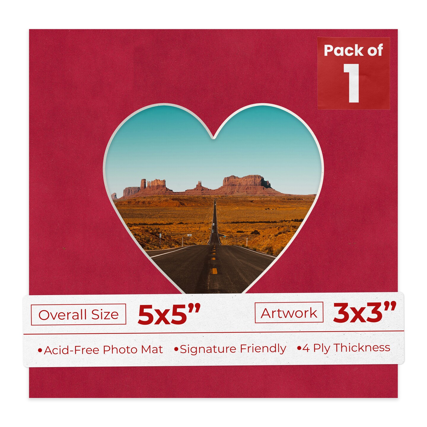 Red Suede Mat Board for 5x5 Inch Frames - Heart Opening for 3x3 Photos
