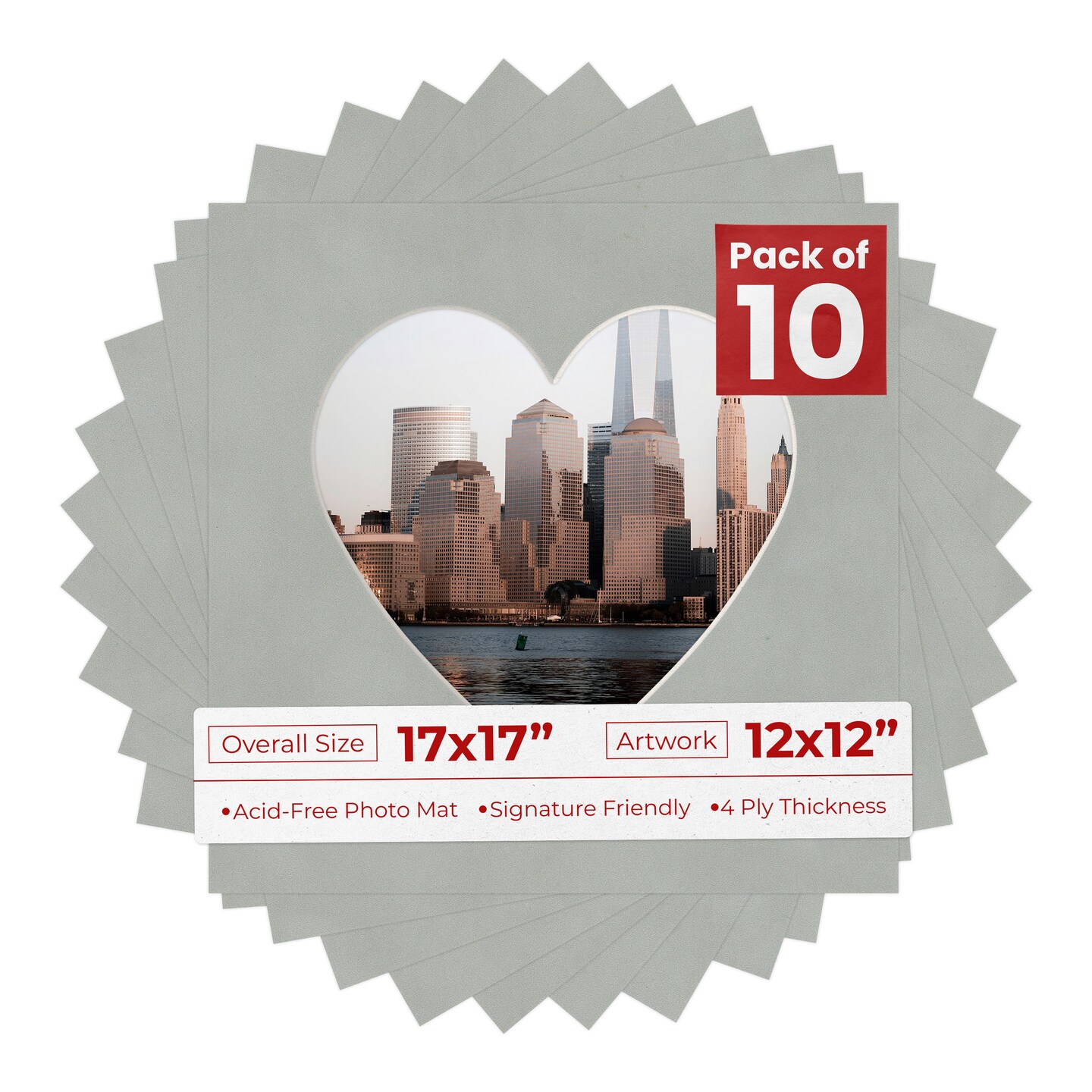 Light Grey Suede Mat Board for 17x17 Frames - Heart Opening for 12x12 Photos