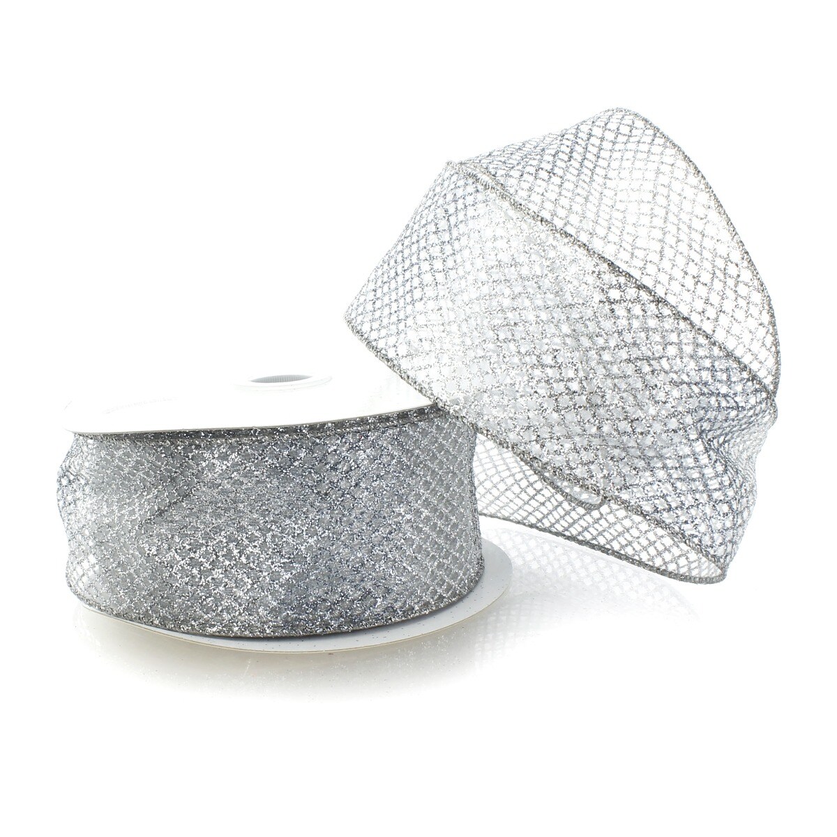 2 1/2" Wired Ribbon Sheer Ombre Glitter Diamond Mesh - Silver - 10 Yards