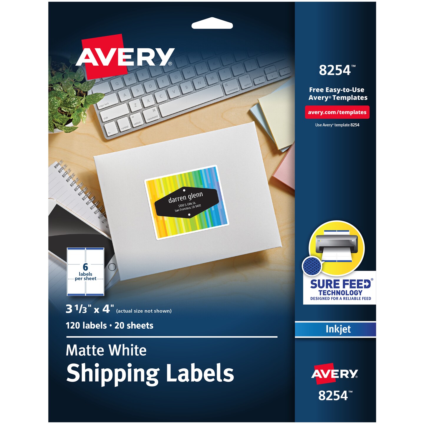 Avery Printable Shipping Labels, 3-1/3" x 4", Matte White, Sure Feed Technology, Inkjet Printer Compatible, 120 Blank Labels (8254)