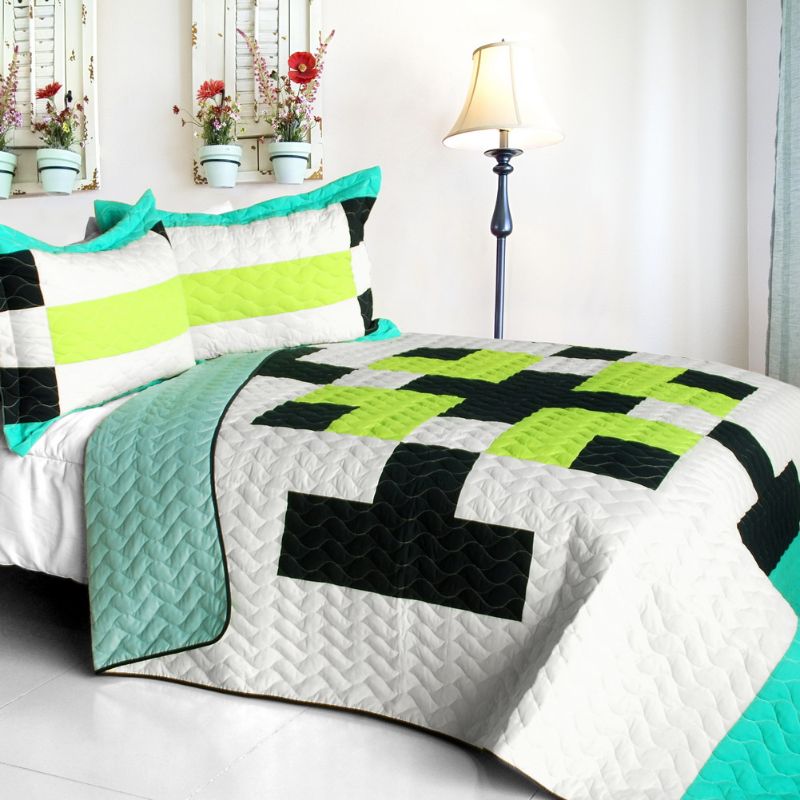 Geometric Patchwork Quilt Set Full/Queen, Handmade TC Fabric, Reversible 3-Piece