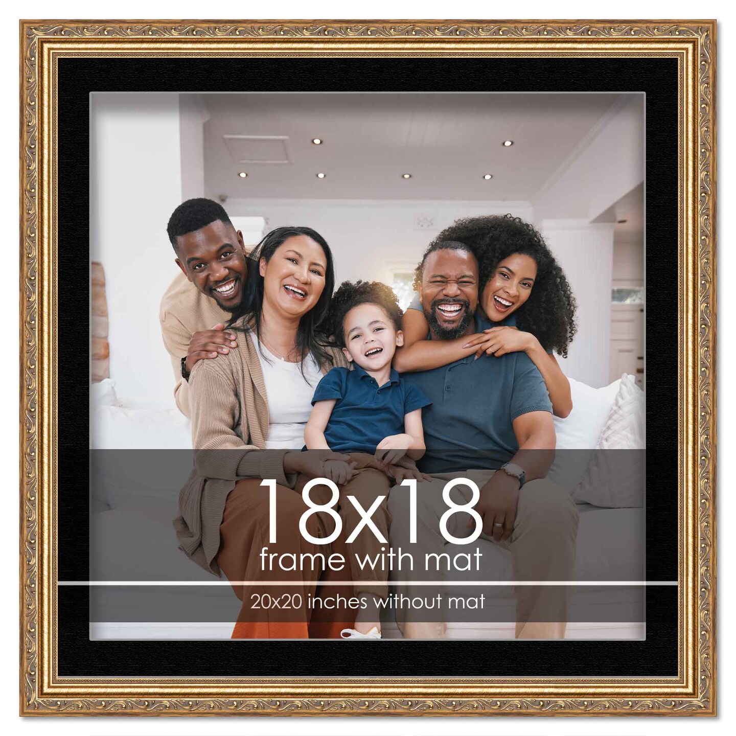 Antique Gold Frame with Black Photo Mat, UV Acrylic Front, Foam Board Backing, 60 Sizes Available