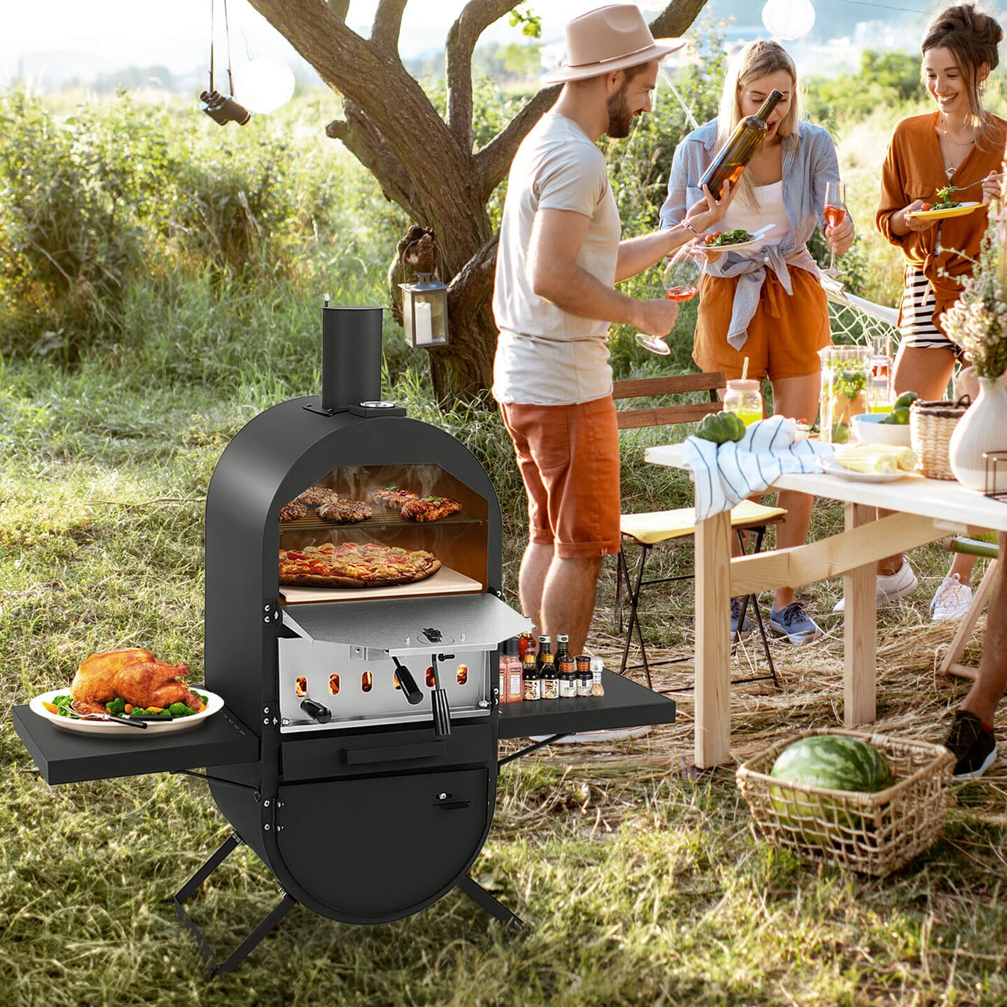 Costway Outdoor Pizza Oven Wood Fired Pizza Oven with 600D Oxford Fabric Cover