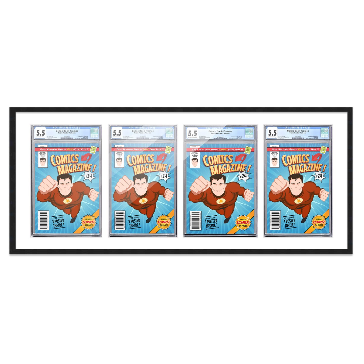 Comic Book Display Frame for CGC, PGX Graded, Slabed Comics - Black Wood Comic Frame With White Mat for 8.125x13 Comics, 18 Frame Sizes