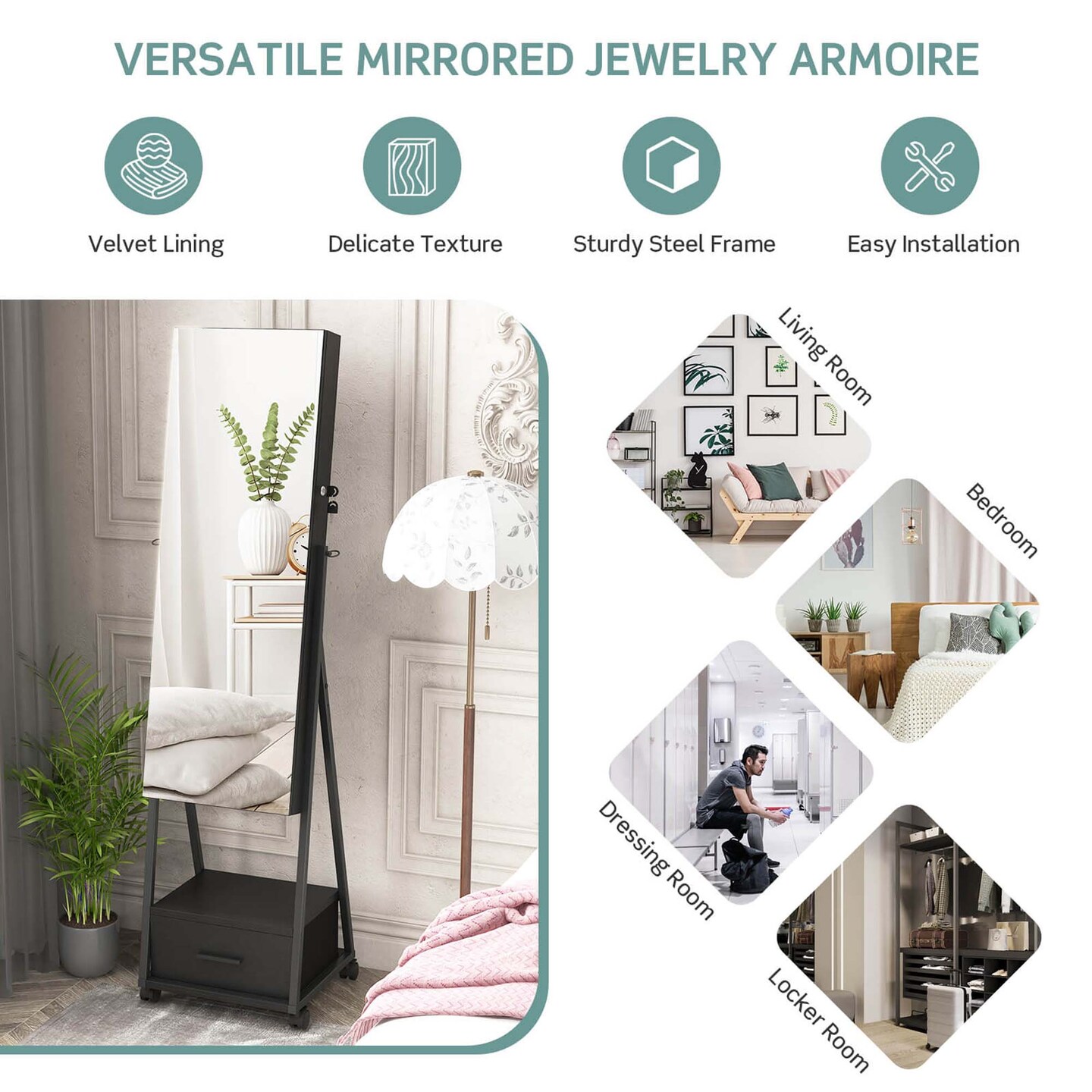 Costway Jewelry Cabinet Armoire Full Length Mirror Lockable with Bottom Drawer &#x26; Wheels White/Coffee/Black