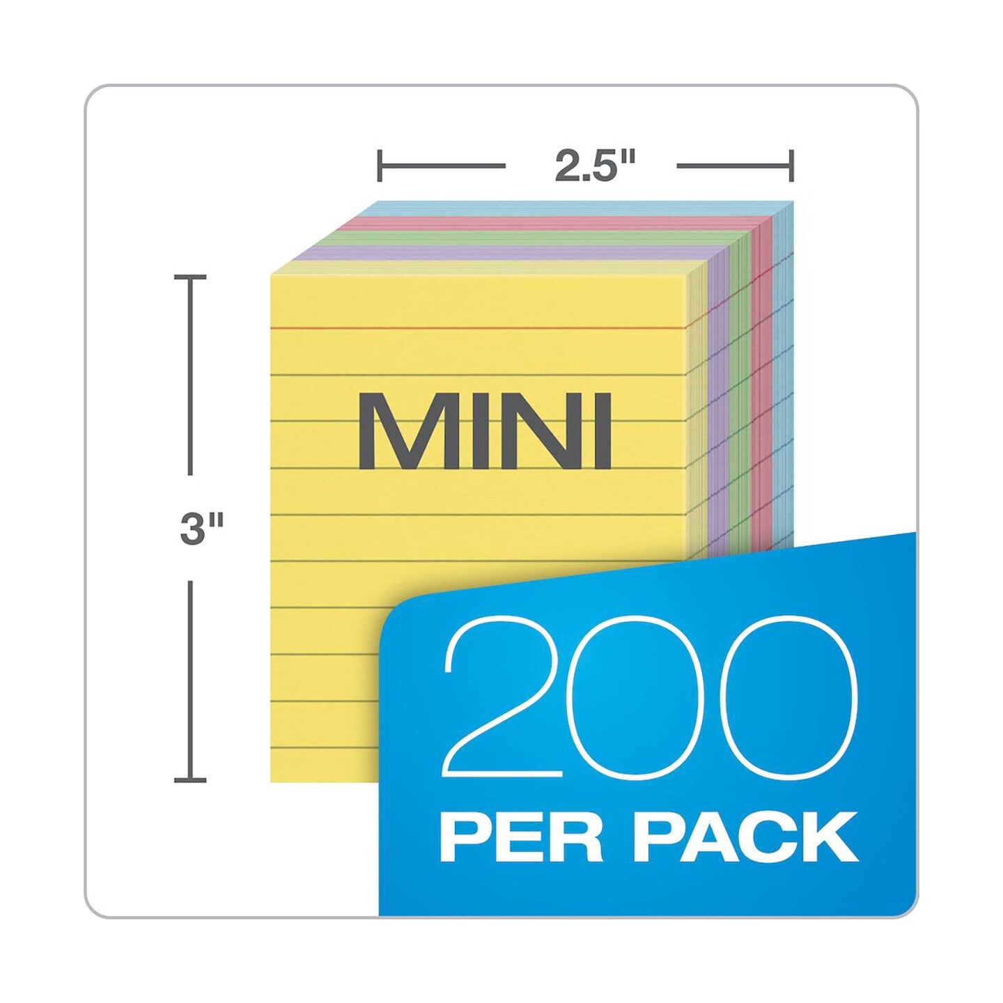 Mini Index Cards, 3&#x22; x 2.5&#x22;, Ruled, Assorted Colors, 200 Per Pack