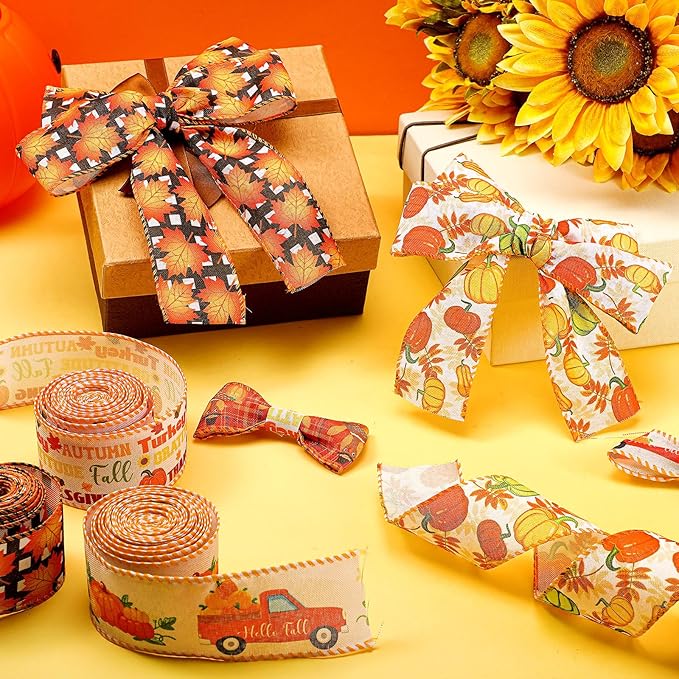 6 Rolls 30 Yards of Fall Burlap Ribbon Rolls Wired Wrapping Ribbon Buffalo Plaid Pumpkin Truck Turkey Maple Harvest Fall Ribbon Thanksgiving Wreath Decoration for Autumn Craft Bow Gift Making