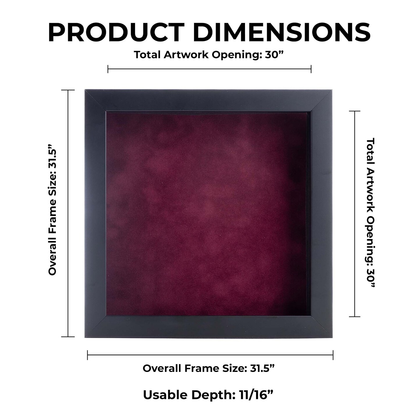 Classic Black Wood Shadown Box Frame with Acrylic Front - Dark Red Suede Backing, 30 Sizes