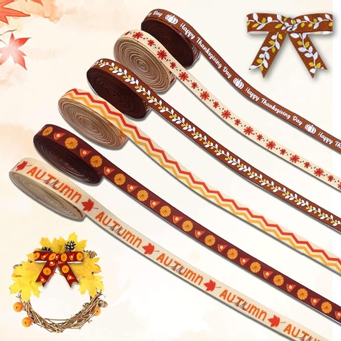 6 pieces of fall ribbon, 30 yards of orange ribbon, and 3/8&#x22; wide pumpkin grosgrain ribbons Thanksgiving Maple Leaf Ribbons Flower Gift Wrapping Ribbons for Thanksgiving Fall Harvest Party Decorations