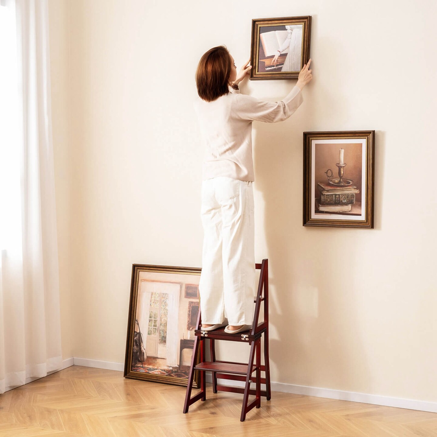 Costway 3-Step Folding Step Ladder Chair with Bamboo Frame Convertible Ladder Stool Reddish Brown/Natural