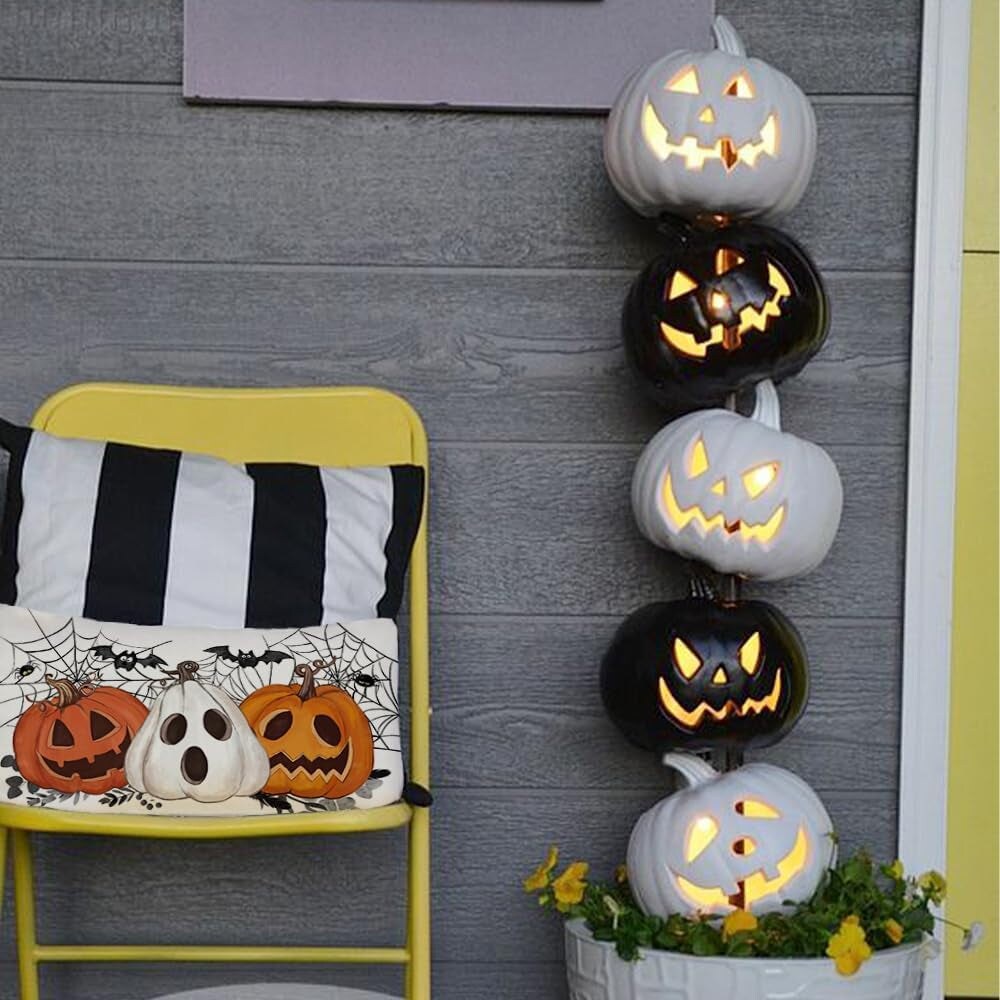 Halloween Pillow Cover 16X16 Inch Pumpkin Jack-O&#x27;-Lanterns Bat Web Decoration Holiday Farmhouse Pillow Case Decor for Home Sofa Couch AA306-16
