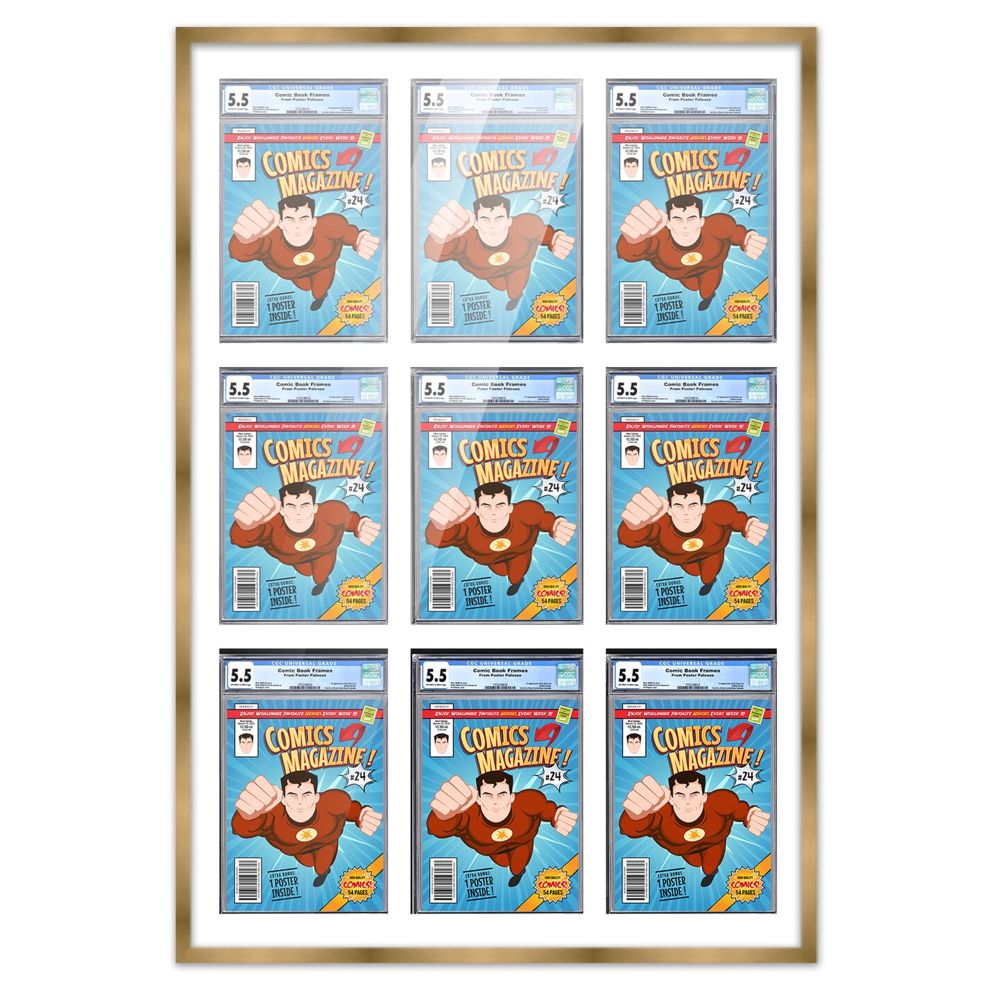 Comic Book Display Frame for CGC, PGX Graded, Slabed Comics - Bronze Wood Comic Frame With White Mat for 8.125x13 Comics, 18 Frame Sizes