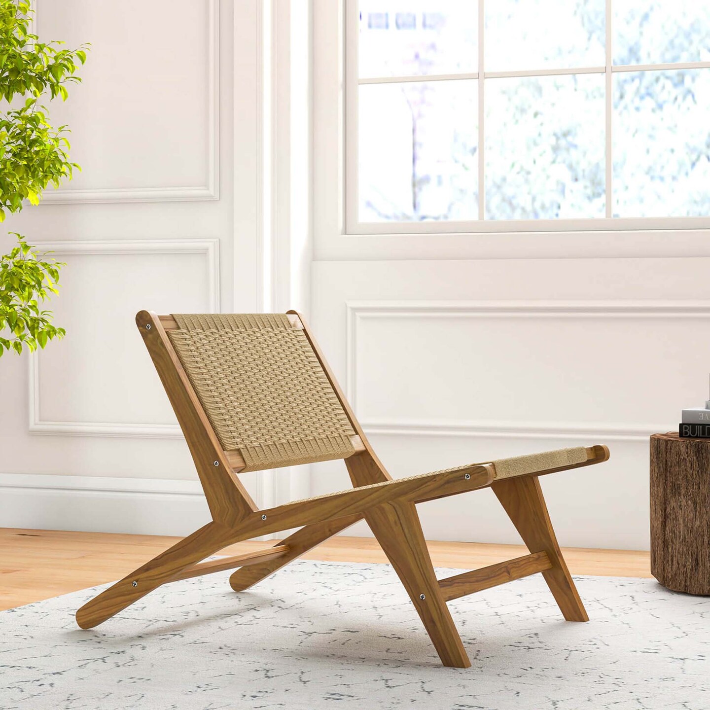 Costway 1/2 PCS Teak Wooden Chair with Braided Rope Seat & Backrest Mid Century Modern