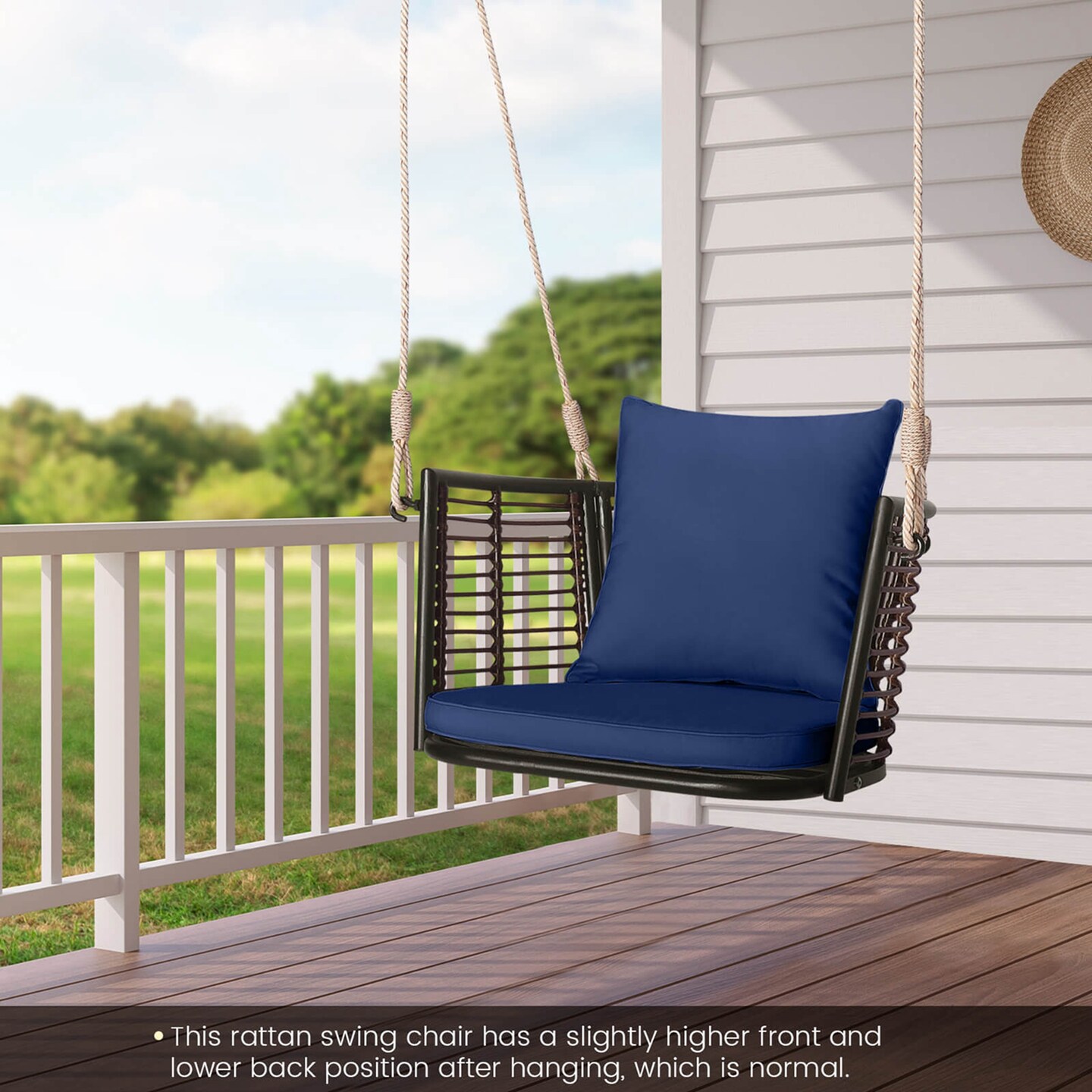 Costway Patio Hanging Rattan Basket Chair Swing Hammock Chair with Seat Cushion Navy/Grey/Beige