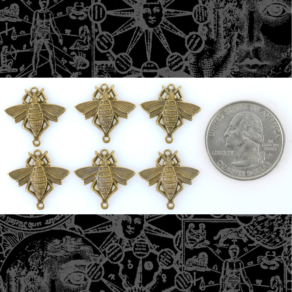 Antiqued Brass Bumble Bee Two Ring Connectors - Set of Six - AB-2C09
