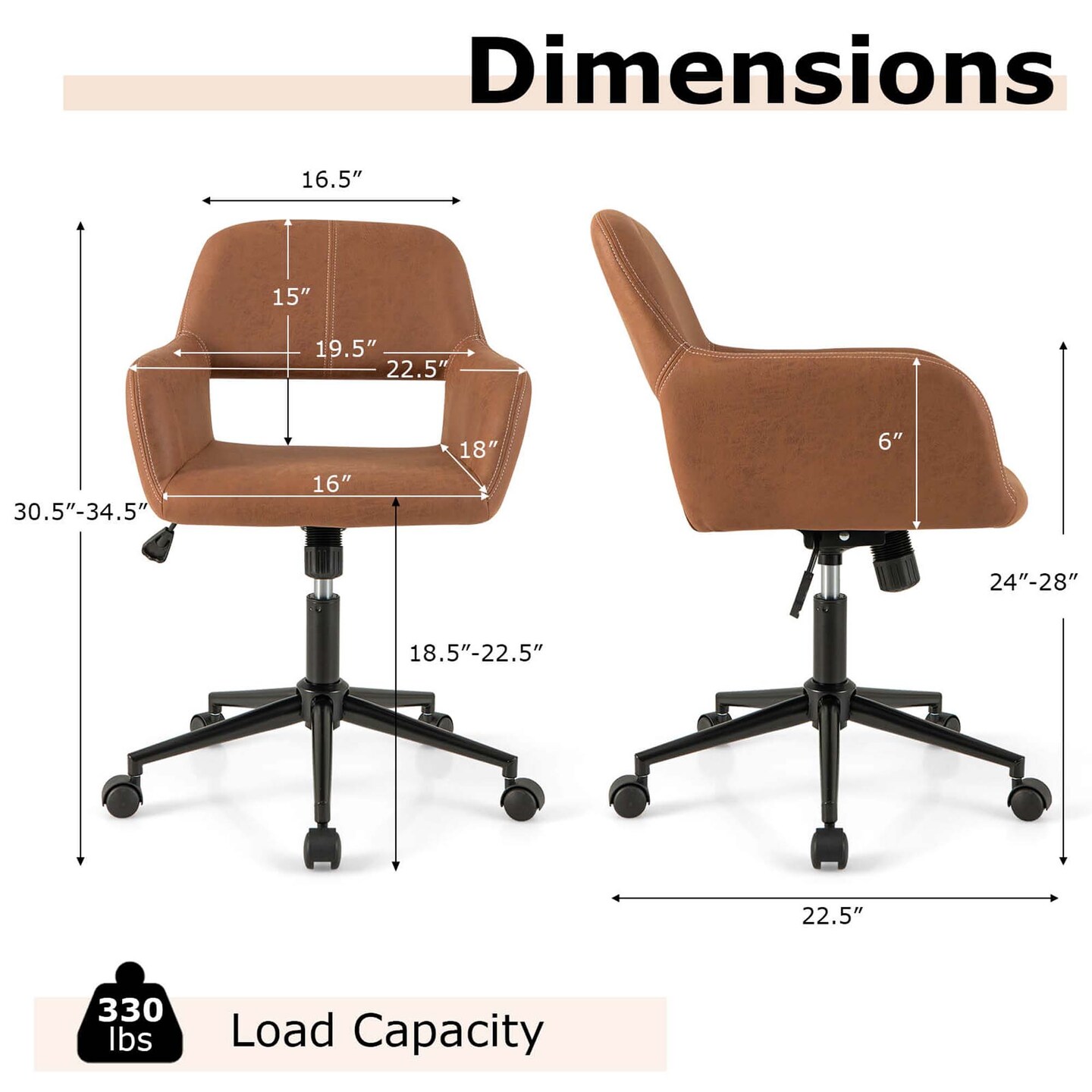 Costway Leathaire Home Office Chair with Ergonomic Backrest Padded Armrests Casters