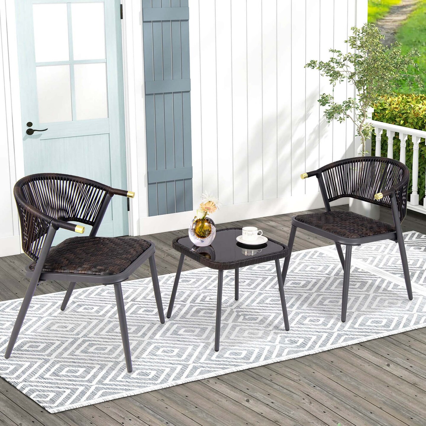 Costway 3 PCS Patio Rattan Furniture Set with Tempered Glass Tabletop Wicker Seat