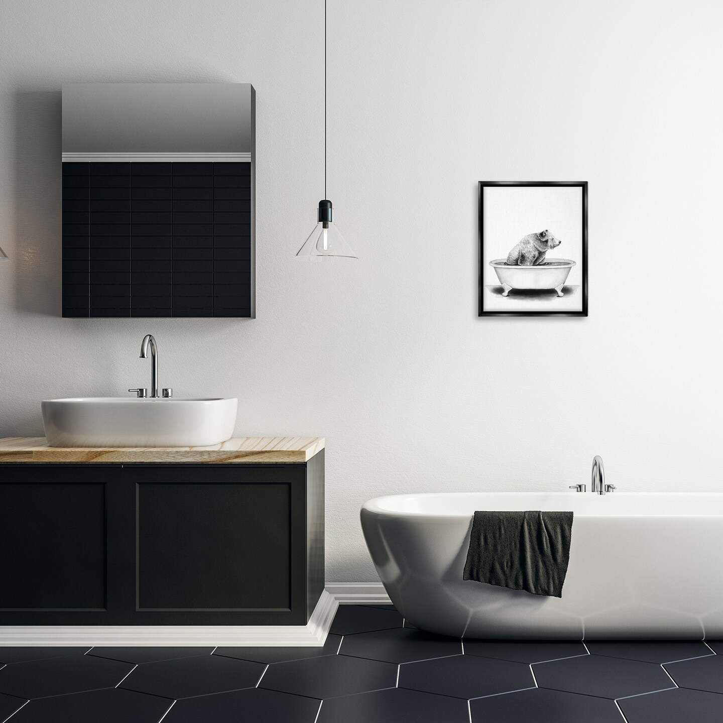 Stupell Industries Bear In Tub Rustic Bathroom Drawing Framed Floater Canvas Wall Art