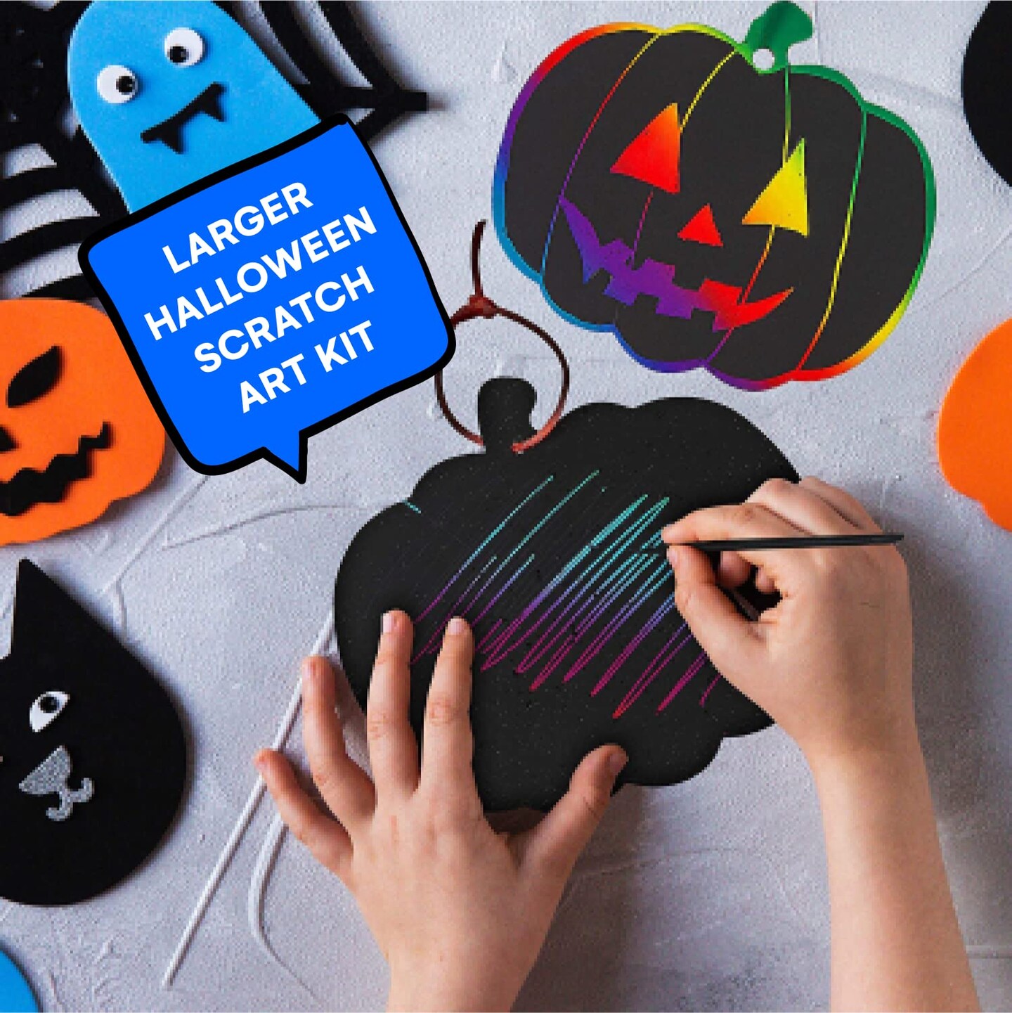 Halloween Scratch Art Trick or Treak Paper Crafts Kit Bulk Pack of Halloween Pumpkins with Magic Rainbow Colors - 24 Pumpkin Ornaments, 24 Scratch Sticks, 24 Ribbons