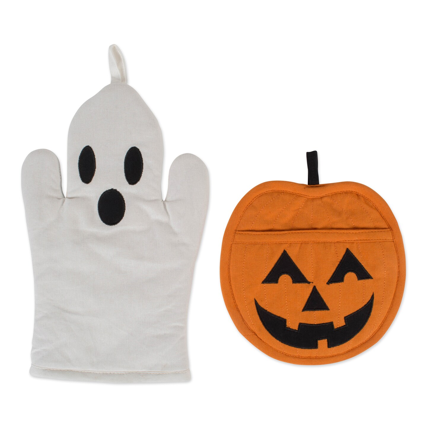 Contemporary Home Living Set of 2 Orange and White Halloween Themed Ghost Oven Mitt Jack O'Lantern Potholder 13"