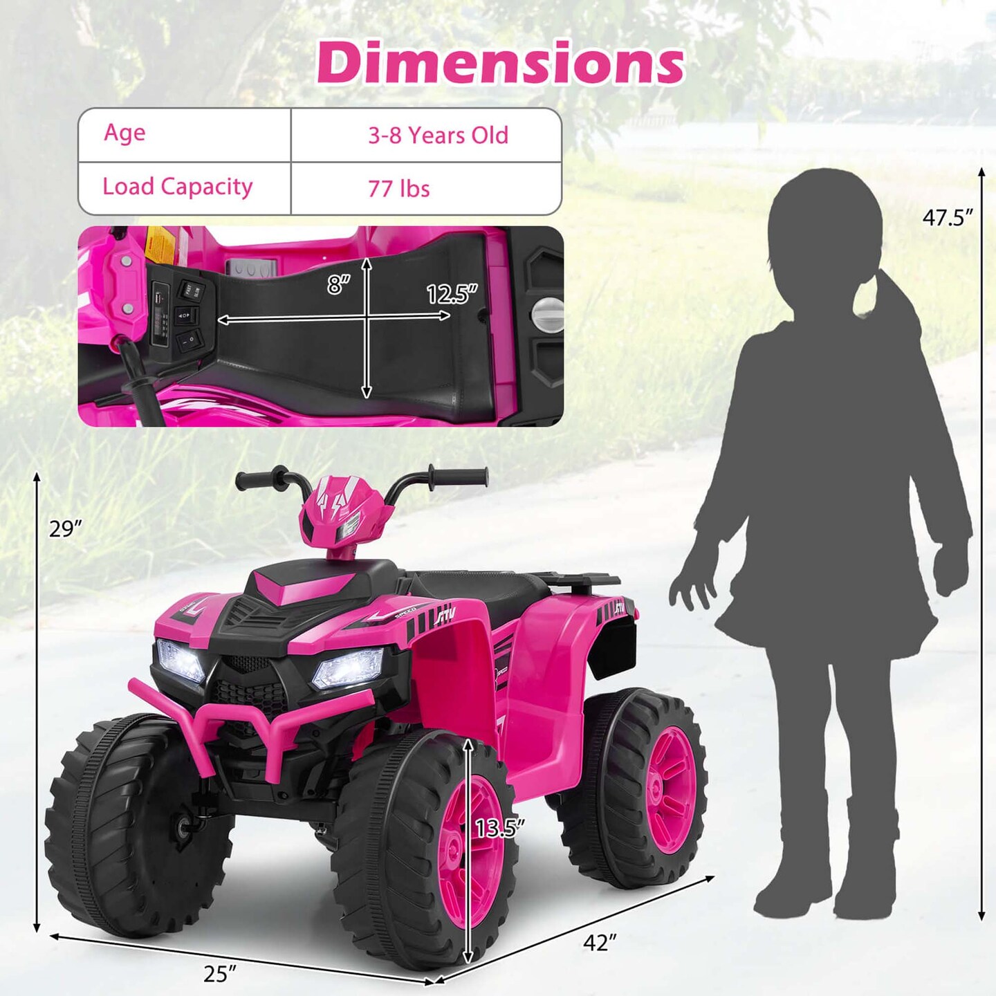 Honeyjoy 24V Kids Ride-On Electric ATV 4-Wheeler Quad Car with Wireless Connection Black/Blue/Pink/Red/Purple
