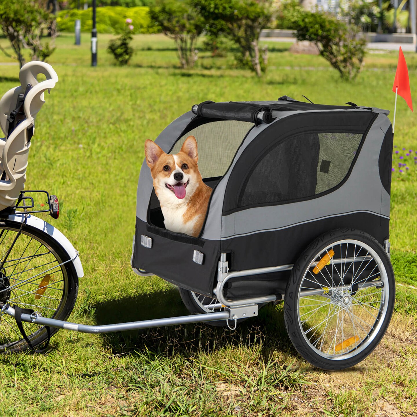 Costway Dog Bike Trailer Foldable Pet Cart with 3 Entrances  for Travel Grey/Red/Blue