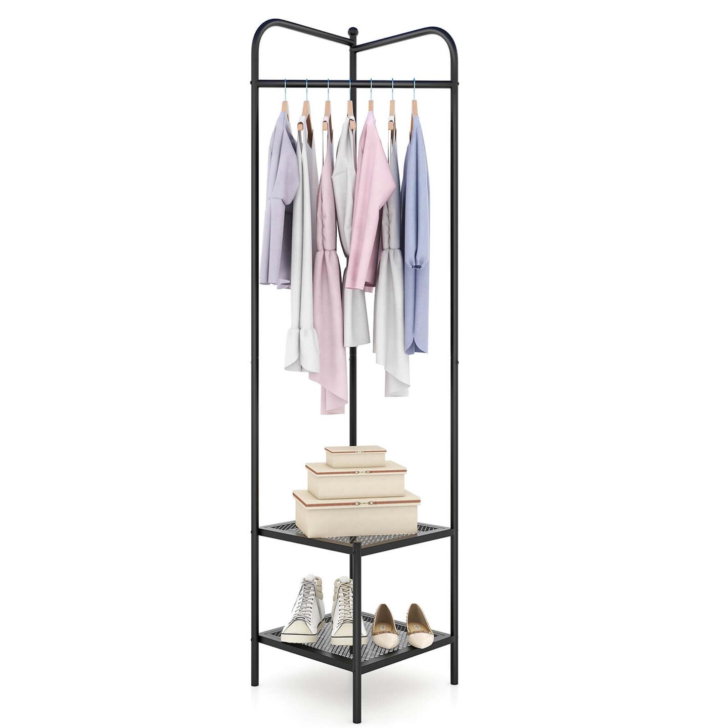 Costway Corner Coat Rack with Shelves Freestanding Hall Tree with Top Hanger Black/Golden/White