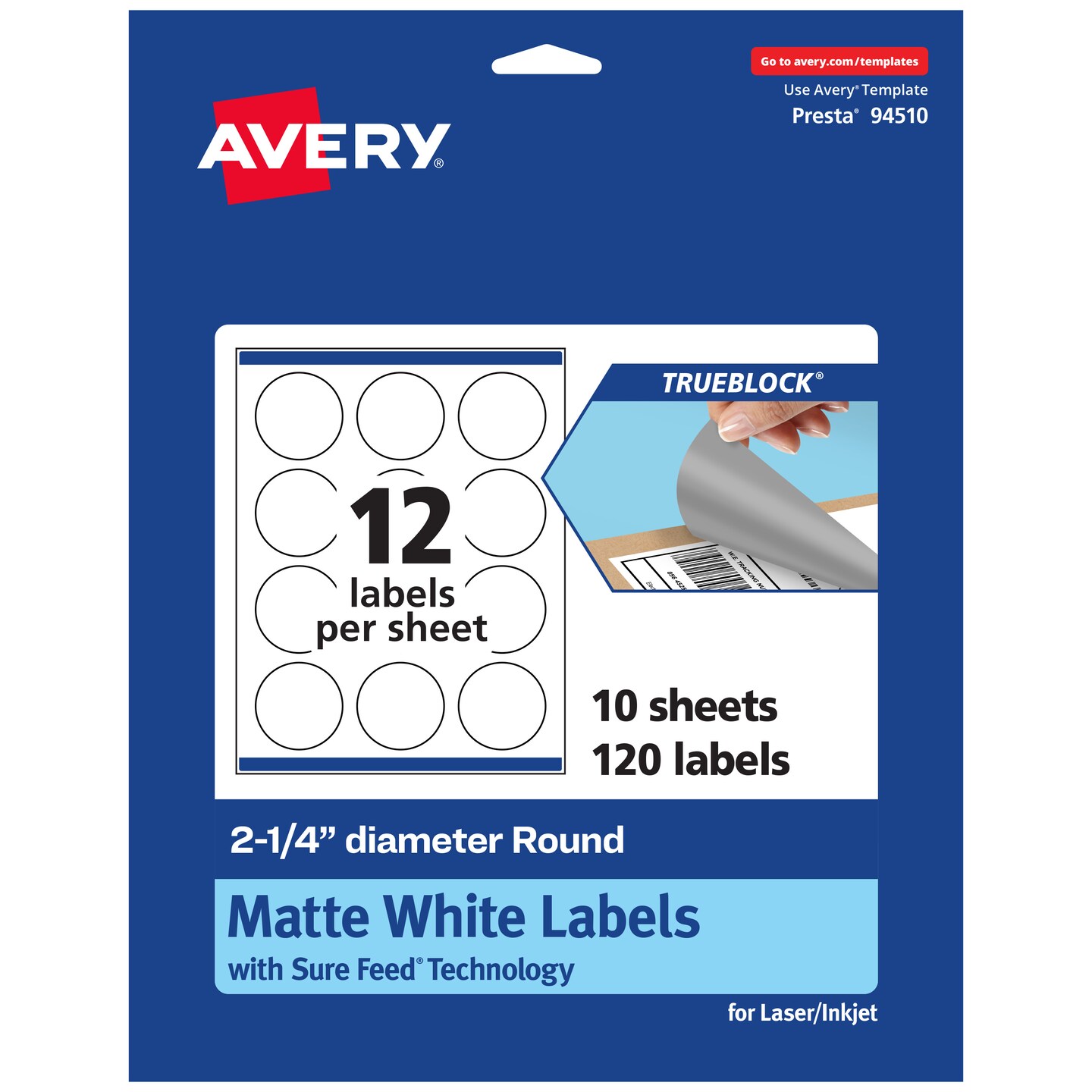 Avery TrueBlock Matte White Paper Labels,  2-1/4&#x22; diameter Round