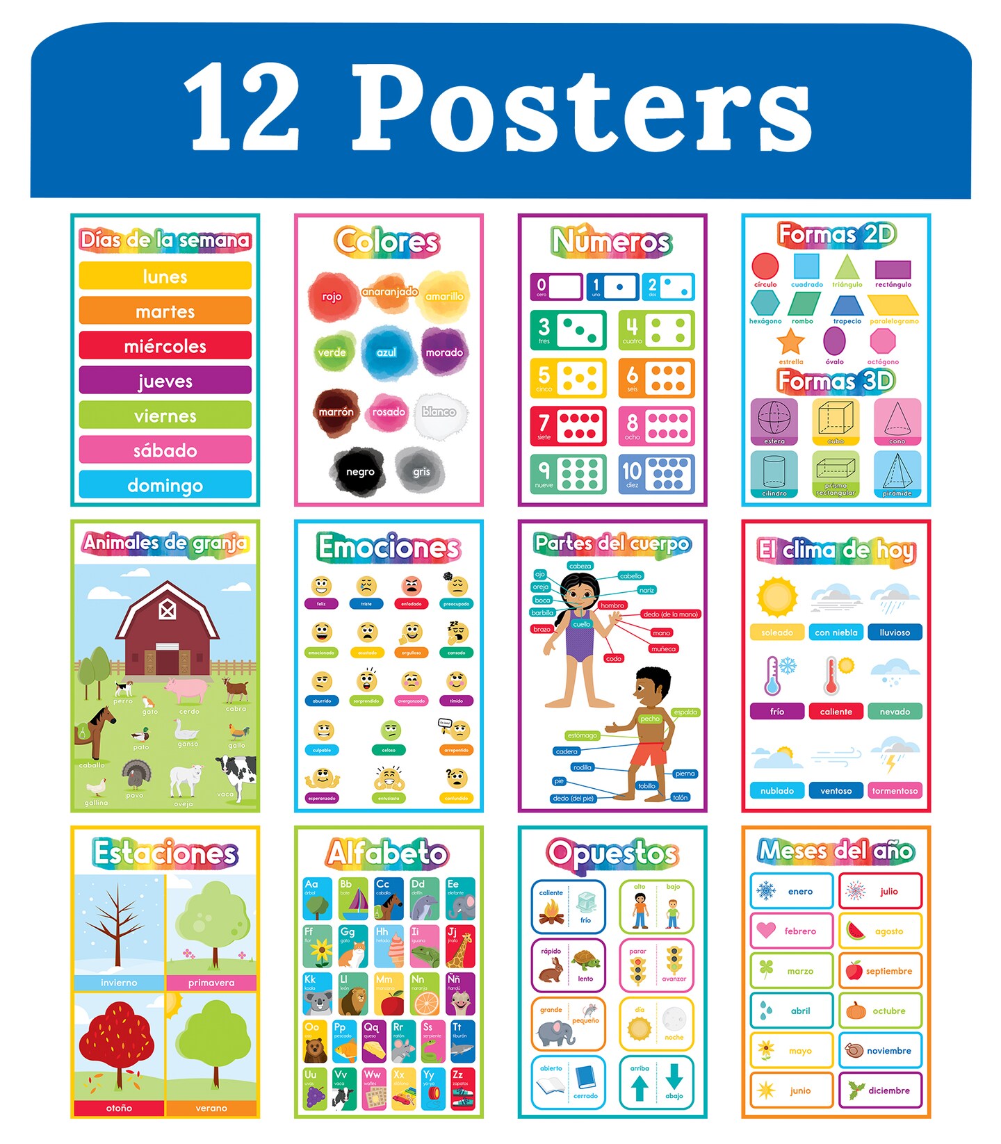 Carson Dellosa 16-Piece Spanish Early Learning Posters, 8.5&#x22; x 11&#x22; Colors, Numbers, Alphabet, Shapes, Sight Words Wall Art, ESL Preschool and Kindergarten Classroom Decor and Teacher Supplies