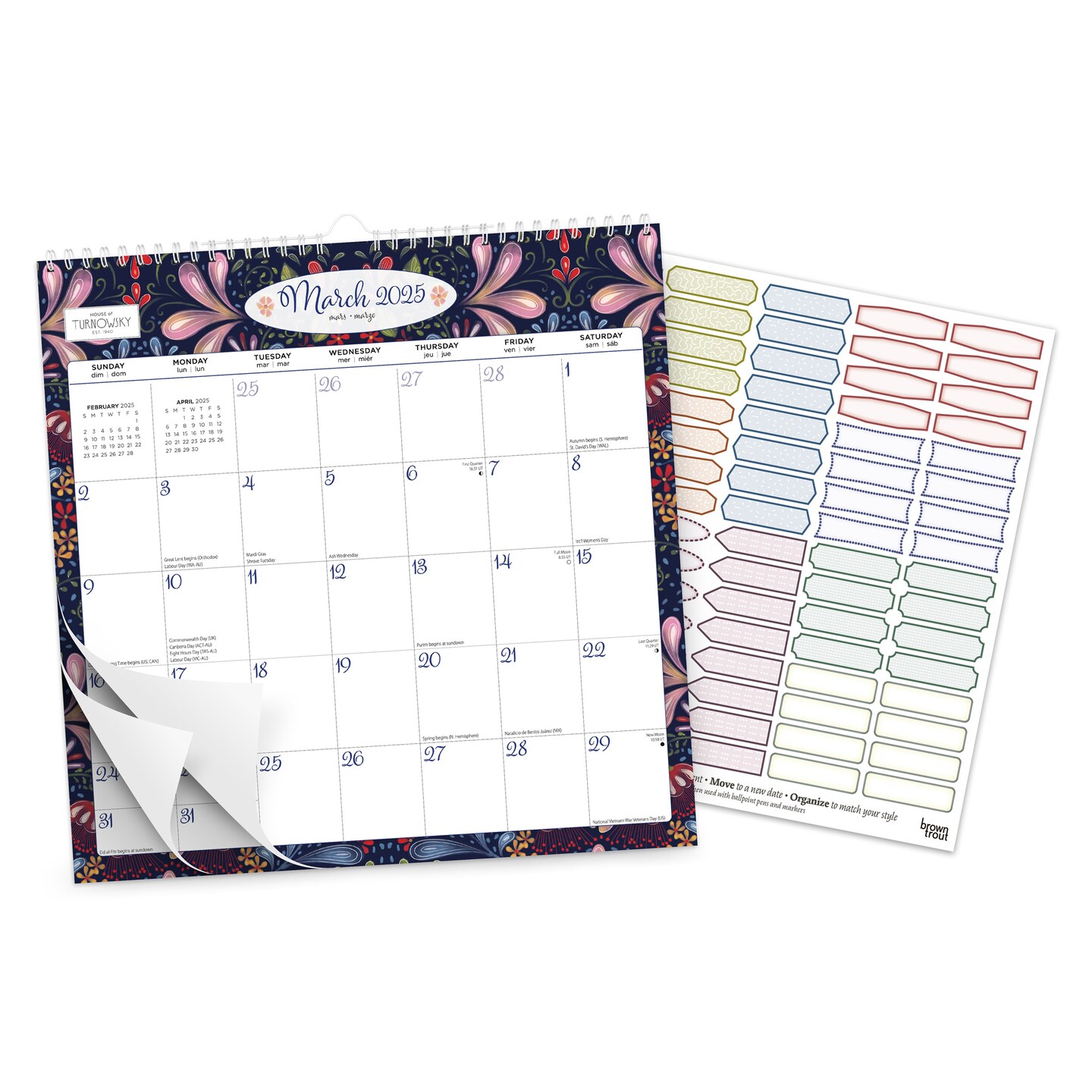 House of Turnowsky OFFICIAL | 2025 12 x 12 Inch Monthly Square Wire-O Calendar | Sticker Sheet | BrownTrout | Stationery Elegant Exclusive