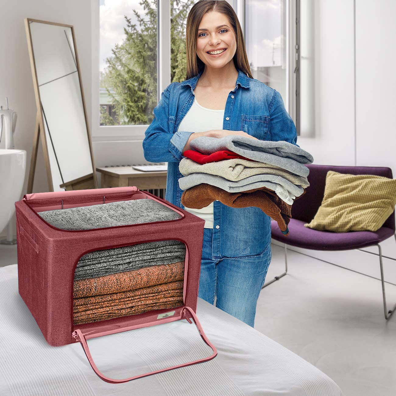 Sorbus 1 Pack Jumbo Storage Bin with Metal Frame, Storage Containers with Window & Handles, Stackable & Foldable Clothes Organizer Bag