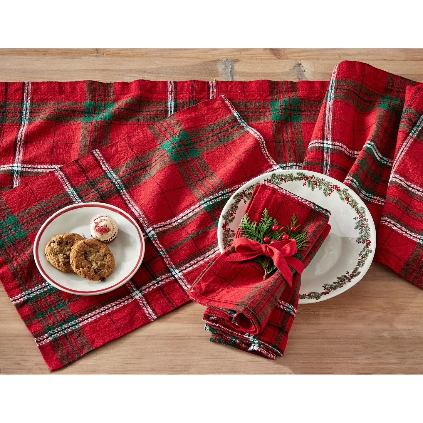 Sleigh Ride Holiday Tartan Plaid Red and Green Cotton Table Runner 72.0 in.