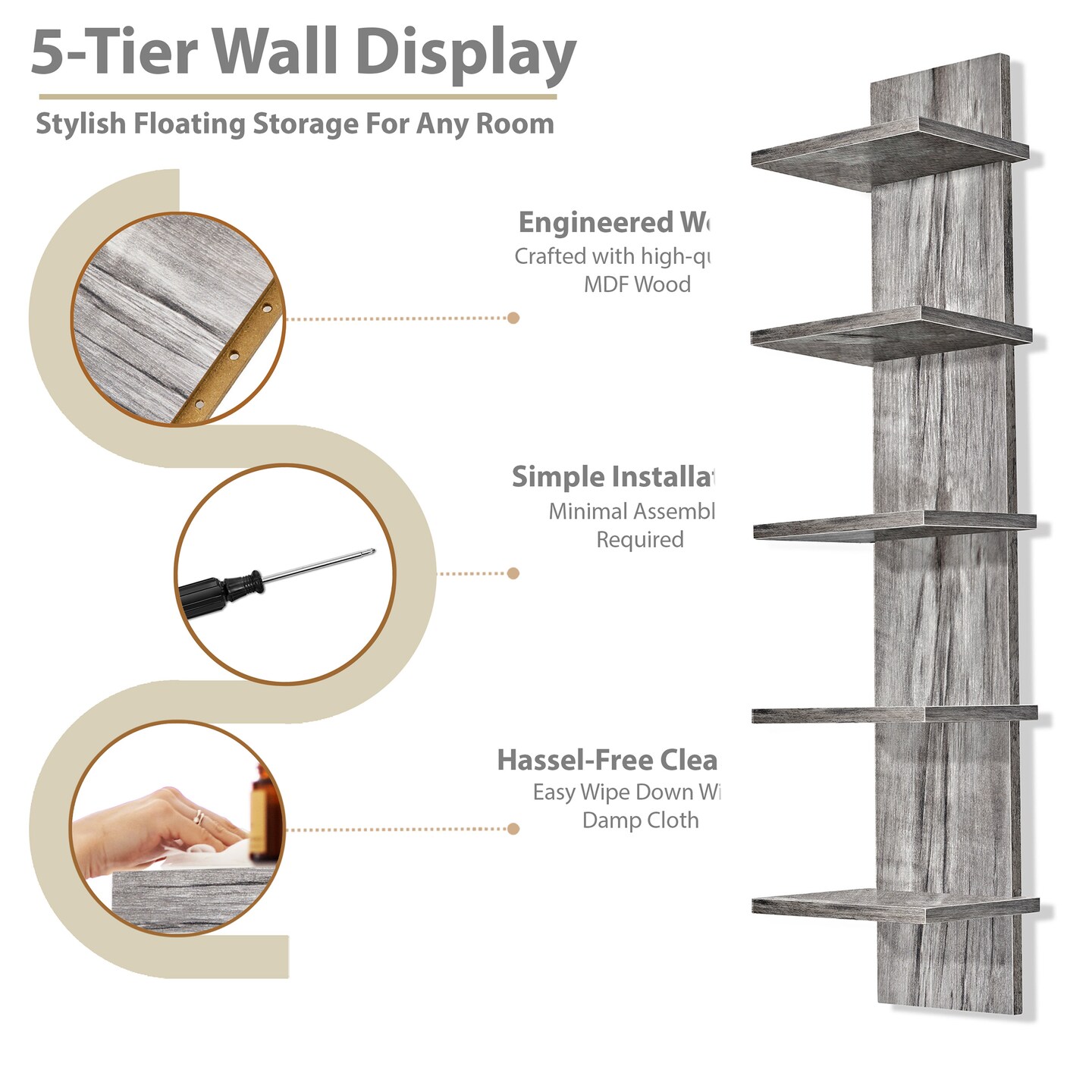 Sorbus 5 Tier Wall Shelf Unit, Vertical Column Utility Shelving for Home Decor and Storage Organizer, Wall-Mounted Floating Shelves
