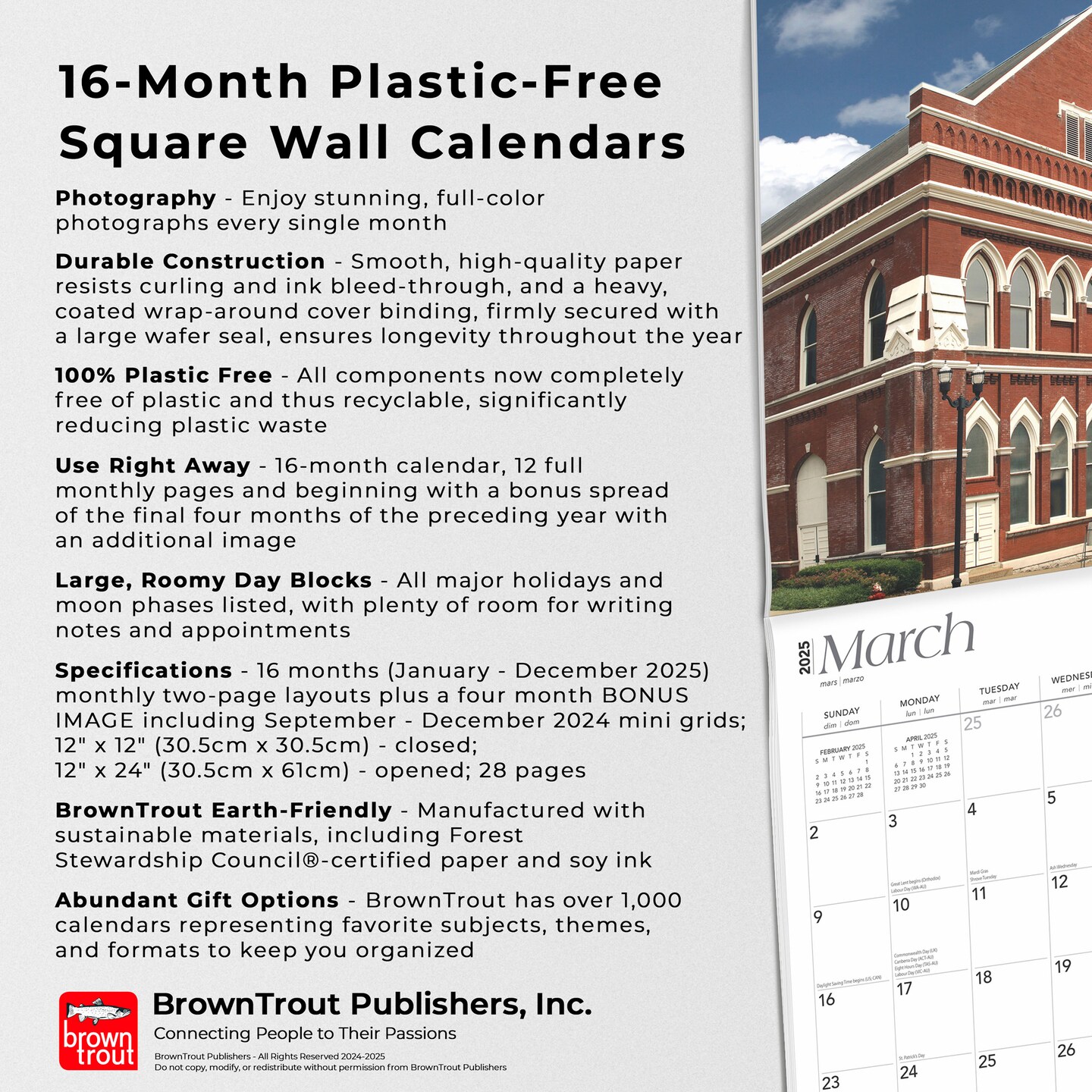 Nashville | 2025 12 x 24 Inch Monthly Square Wall Calendar | Plastic-Free | BrownTrout | Travel American Cities Tennessee