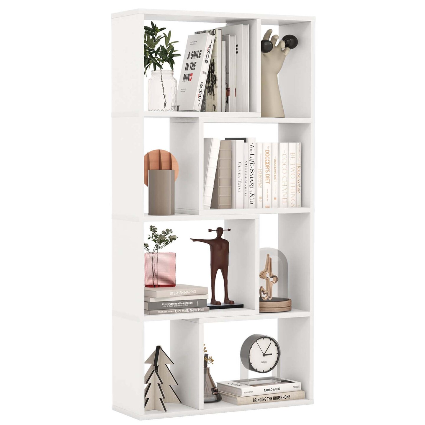 Costway 48" Geometric Bookshelf Open-back Bookcase with 8 Cubes 2 Anti-Toppling Devices White/Natural/Grey